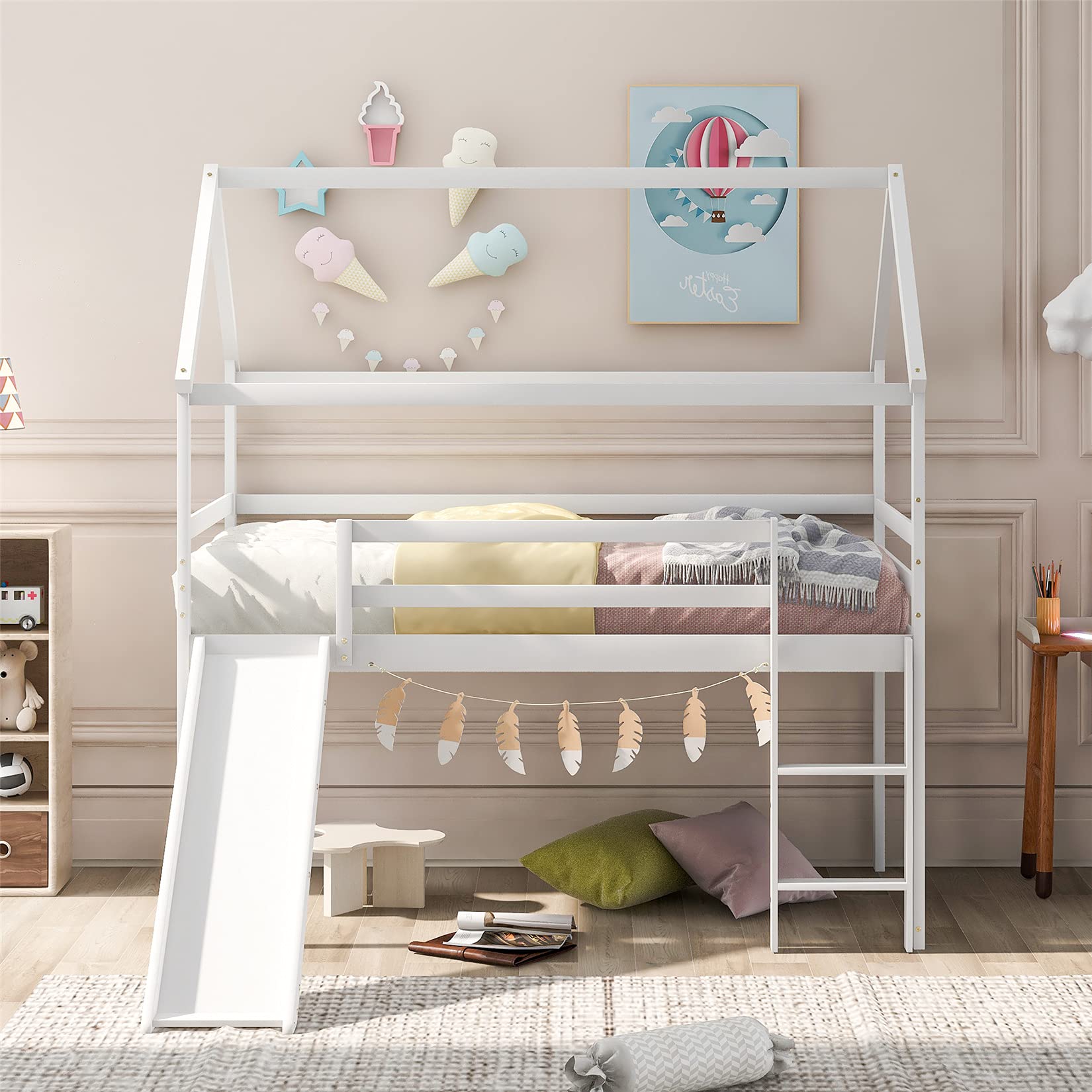 Kids Wooden Loft Bed with Slide - Sturdy House Bed Frame for Boys & Girls, No Springs Needed, White - Perfect for Small Bedrooms, Playrooms & Space-Saving Kids' Rooms