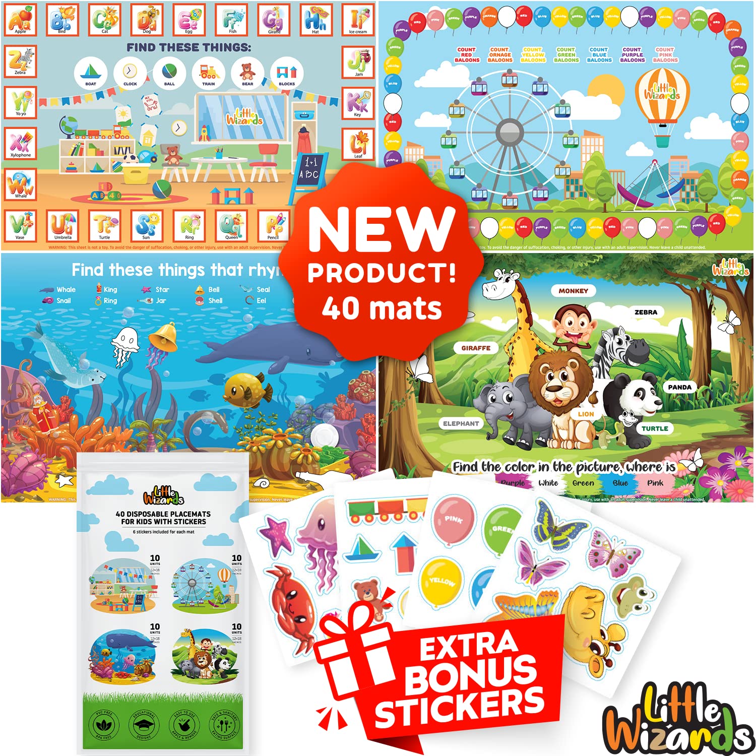 40 Pack Disposable Baby Placemats for Toddlers - 12x18 Inch Sticky Table Mats for Restaurants, Travel & Home Use - Safe & Convenient Mealtime Solution for Kids