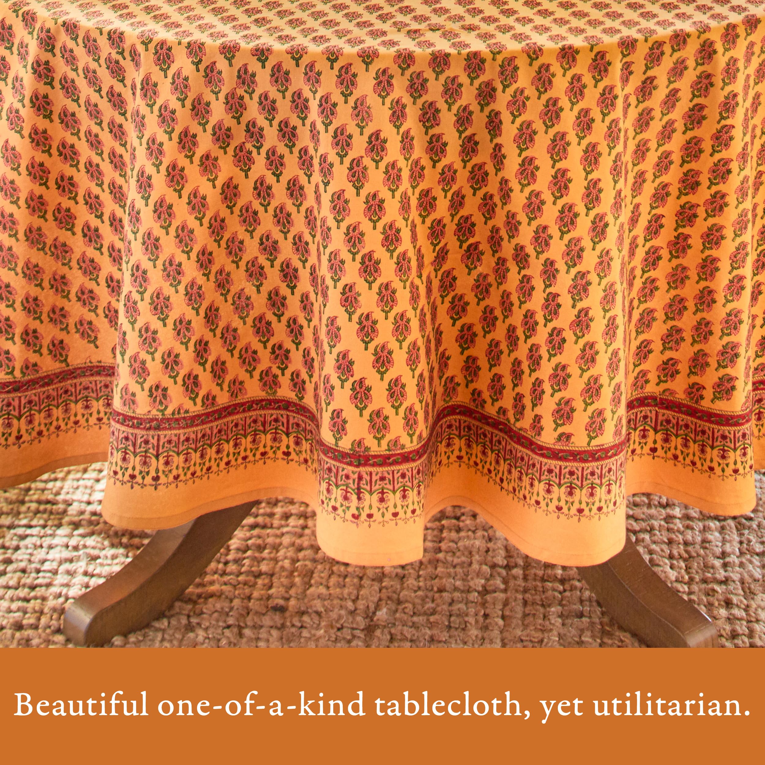 Round Hand Block Printed Tablecloth - Orange Indian Summer 100% Cotton Washable Table Cover for Kitchen, Dining & Coffee Table (70 Inch) | Perfect for Home Decor, Parties & Outdoor Gatherings