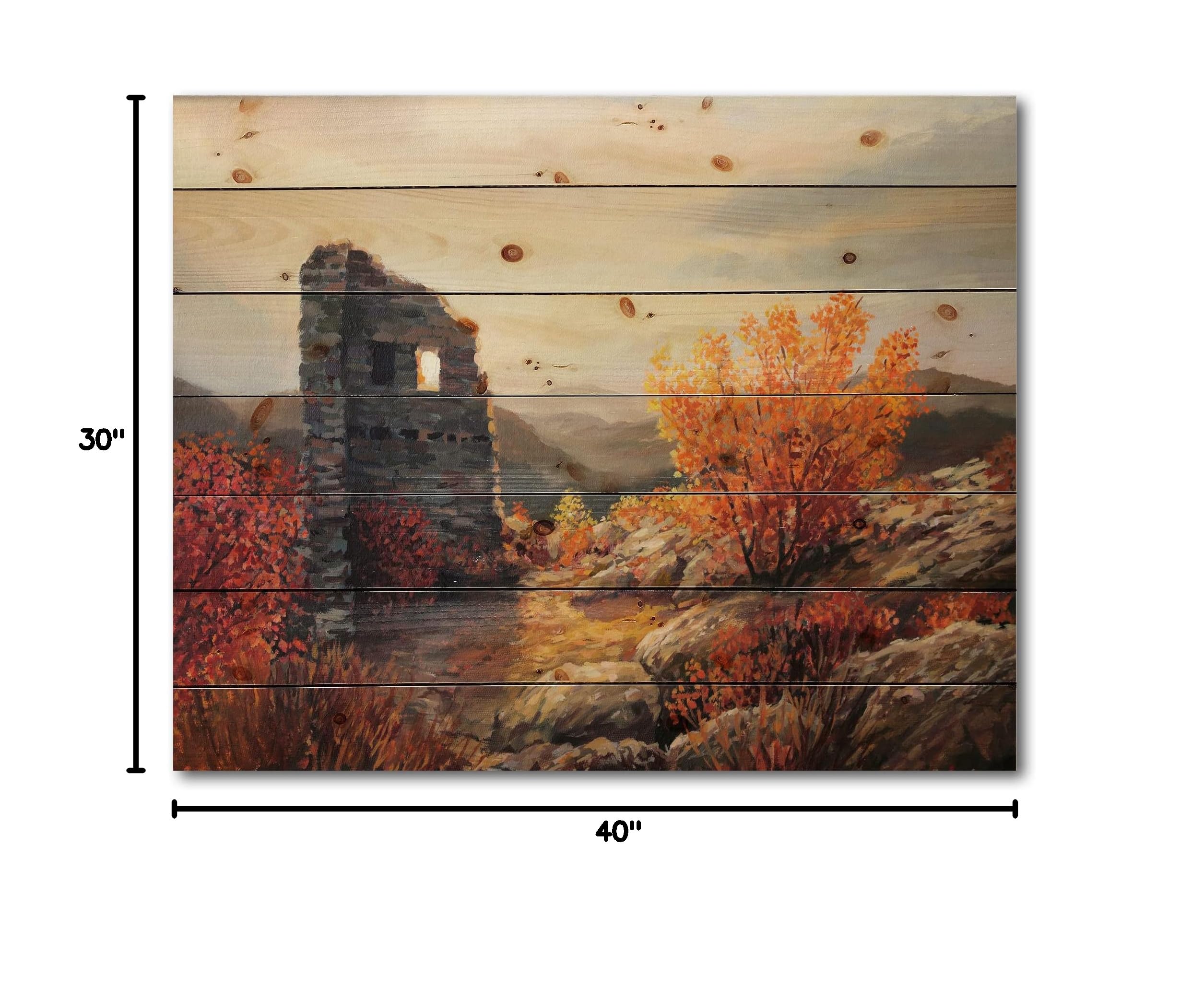 DesignQ Old Fortress Ruins Sunset Farmhouse Wood Wall Decor - Orange Landscape Wall Art - Large Pine Wood Wall Panels - Rustic Home & Office Decor for Living Room, Bedroom, Dining Room