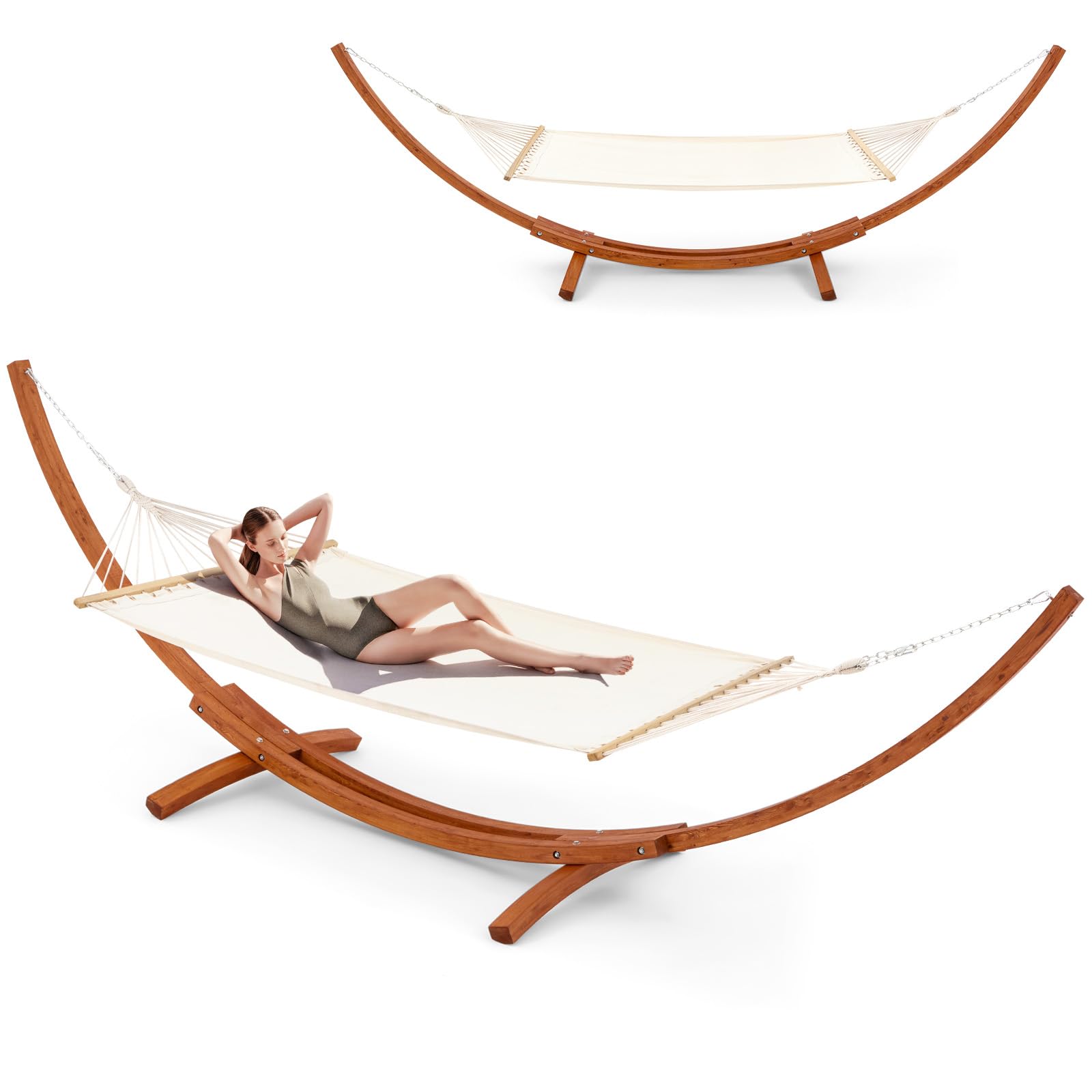 ECOTOUGE 13.3 FT Wooden Double Hammock with Stand - Heavy Duty 2 Person Hammock for Outdoor, Patio & Backyard - Easy to Assemble, Weatherproof & Premium Quilted Camping Hammock (White) - Perfect for Relaxing, Lounging & Camping Trips