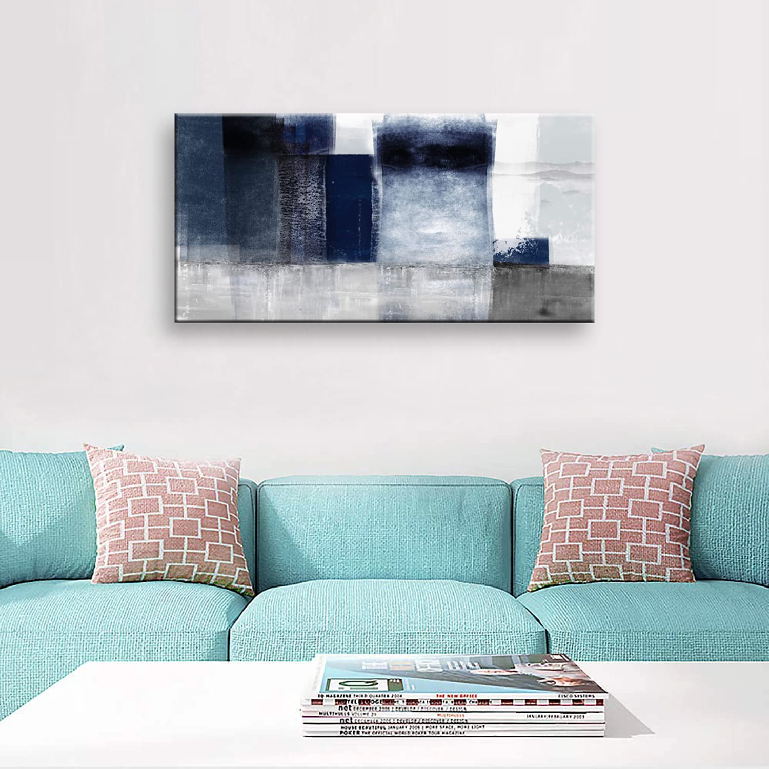Blue and Gray Abstract Canvas Wall Art - 24x48 Inch Modern Artwork for Living Room, Bedroom, Office & Bathroom Decor | Handmade Canvas Prints for Home & Interior Design