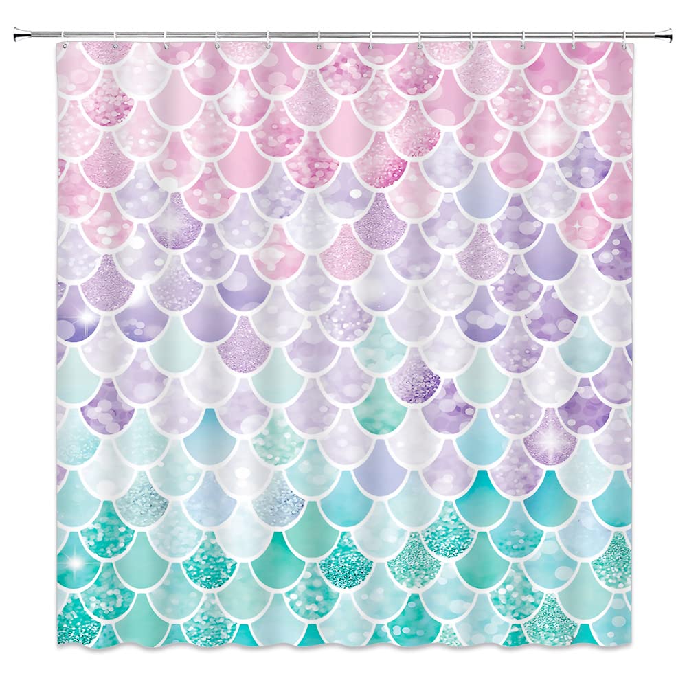 Mermaid Scales Shower Curtain - Pink Teal Geometric Lilac Purple Fantasy Ocean Theme for Girls, Women & Baby Bathroom Decor with Hooks | Waterproof Bath Curtain for Beach, Nautical or Mermaid Themed Bathrooms