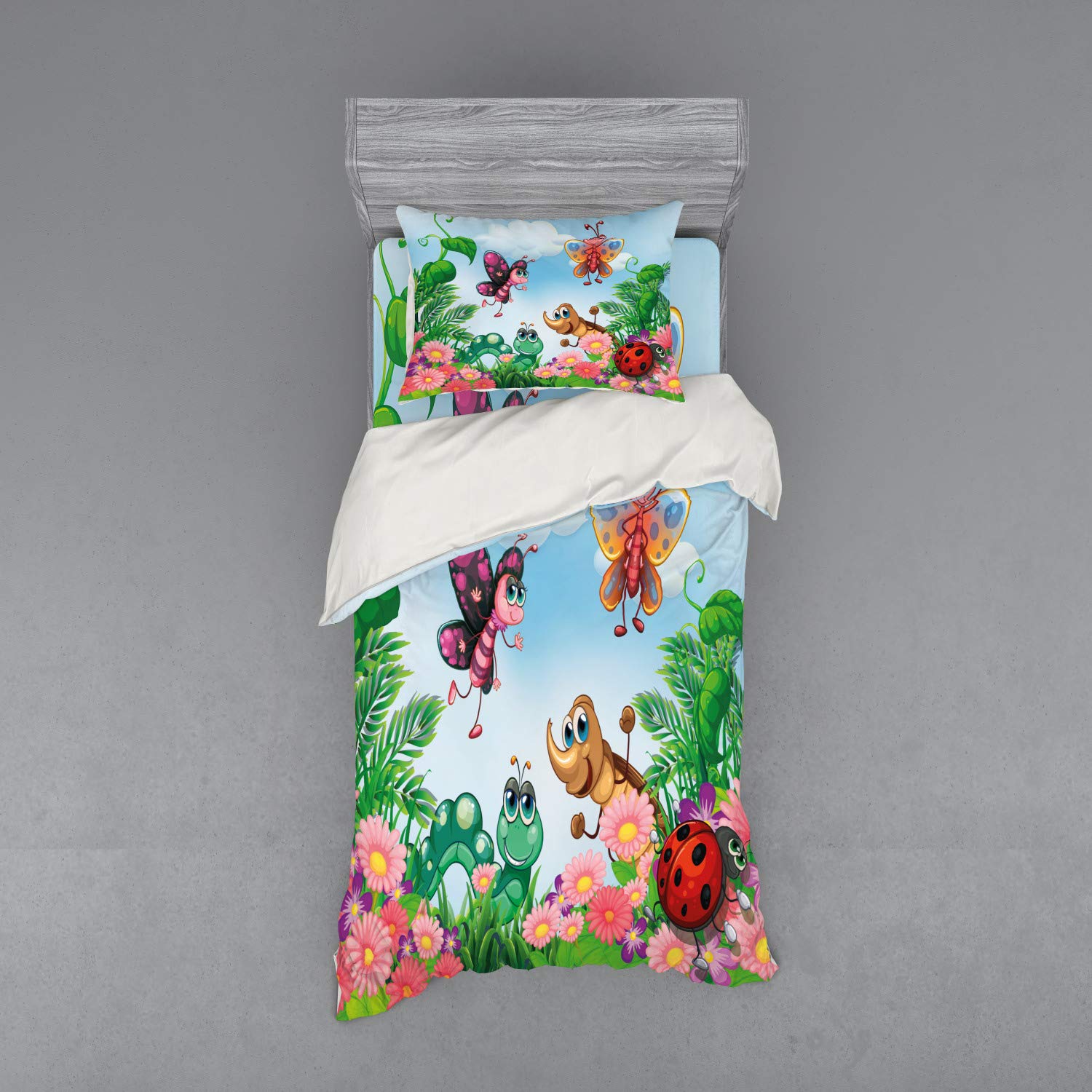 Ambesonne Garden Duvet Cover Set - 3 Piece Twin Size Bedding with Sham & Fitted Sheet, Butterfly Ladybug Worm Flowers Grass Design in Jade & Fern Green | Perfect for Spring Bedroom Decor, Kids Room, or Nature-Themed Home Decor