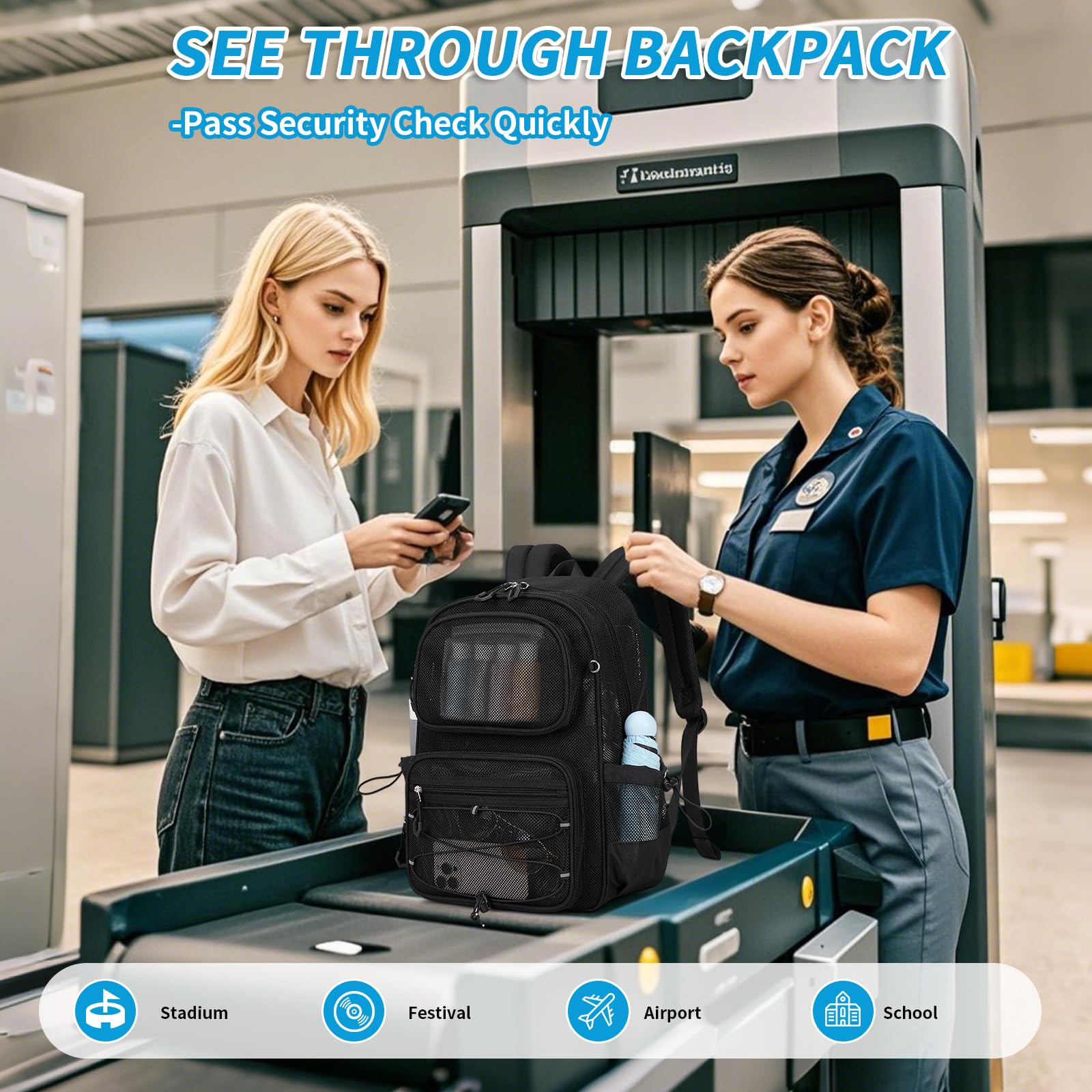 Mesh Backpack - Heavy Duty See Through Transparent Bookbag, Ultra Lightweight Breathable Net Backpack for School, Gym, Travel & Beach Sports (Black) - Perfect for School Supplies, Workout Gear & Outdoor Adventures