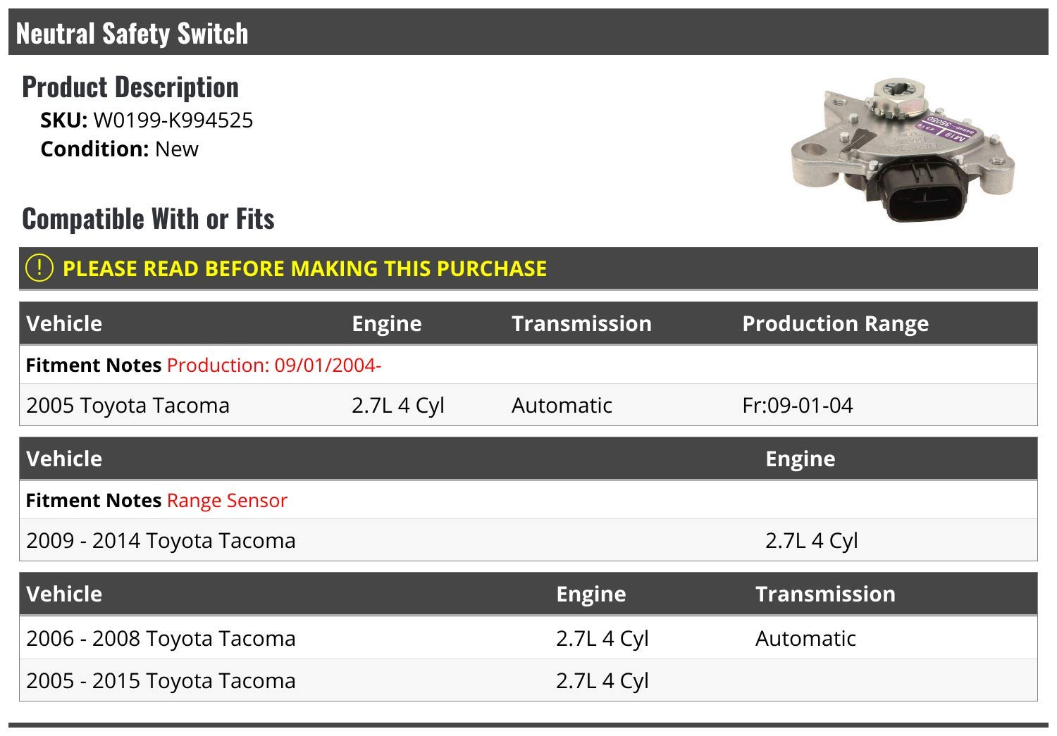 Toyota Tacoma Neutral Safety Switch 2005-2015 Replacement Part for 2.7L 4-Cylinder Engine - Perfect for Transmission Safety & Smooth Gear Shifting