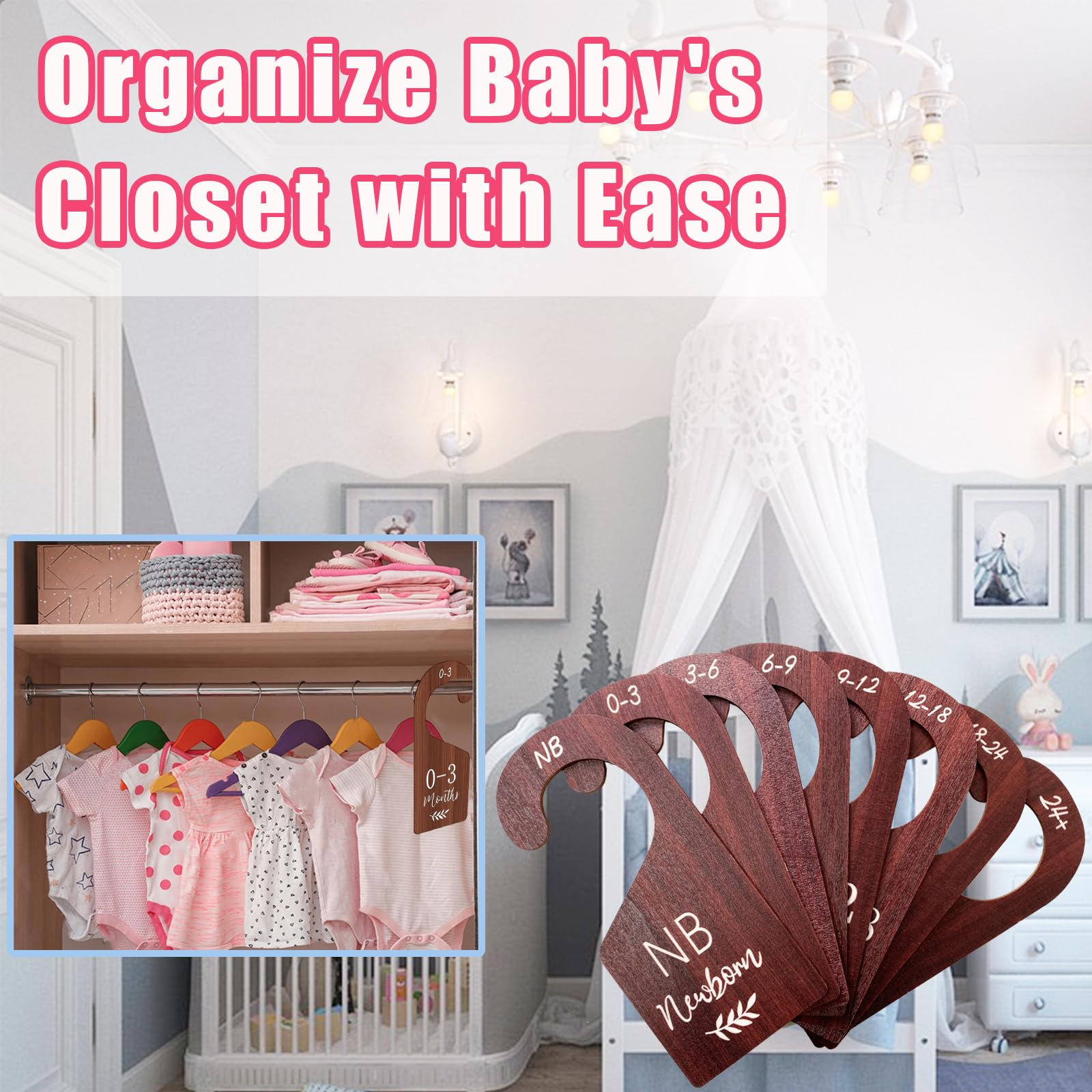 Wooden Baby Closet Dividers - Double-Sided Nursery Organization for Newborn to 24 Months (8-Piece Set, Brown) | Perfect for Nursery Closet Organization & Baby Clothes Size Sorting