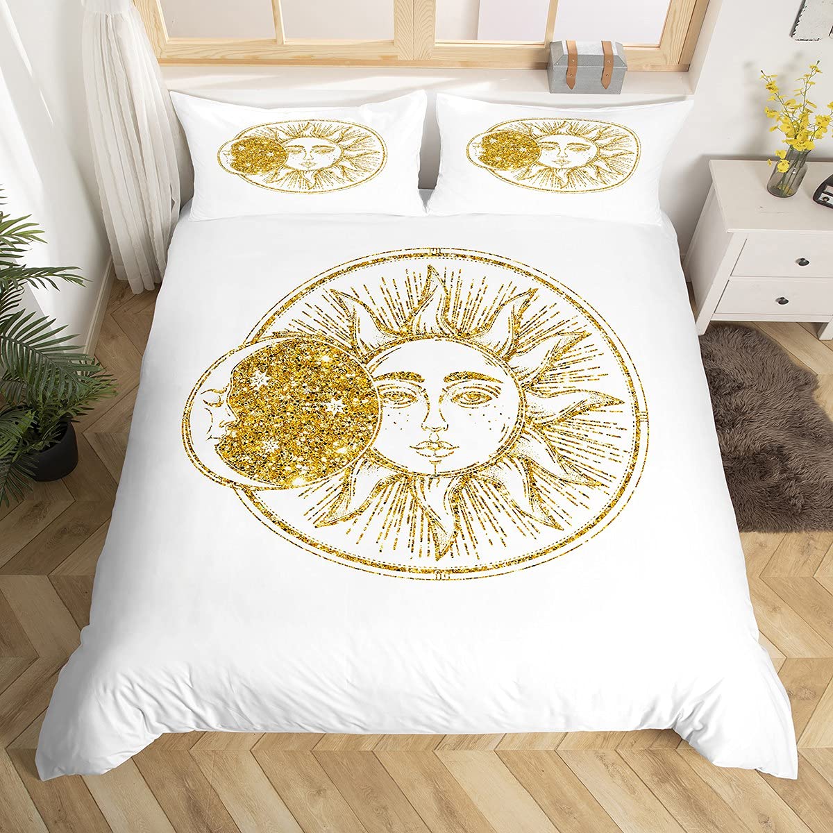 Boho Duvet Cover Set Twin Size - Bohemian Bedding with Sun Moon Stars Print, Microfiber Comforter Cover, Zipper Closure, 2-Piece Set for Cozy Bedroom Decor | Perfect for Hippie, Celestial & Cosmic Theme Rooms
