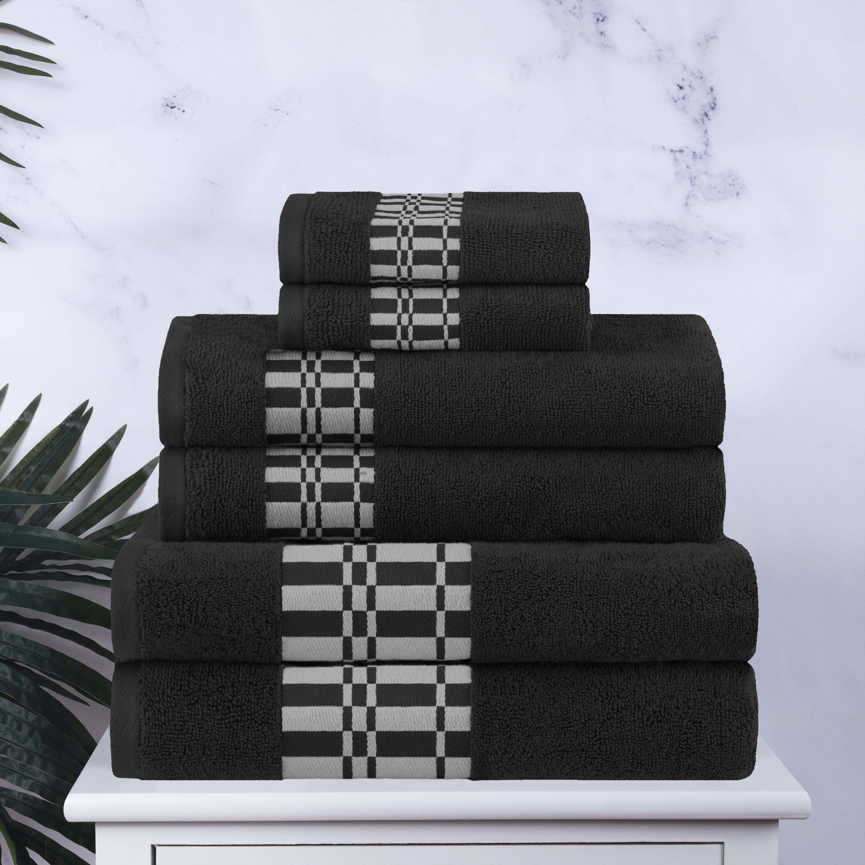 Larissa Cotton Geometric Embroidered Border 6-Piece Bath Towel Set | Soft & Absorbent Luxury Towels for Bathroom, Spa & Guest Use