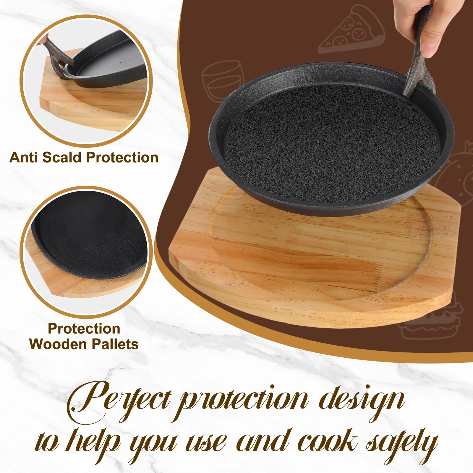 6-Piece Cast Iron Fajita Plate Set with Wooden Base - Anti-Scald Protection & Removable Handle - 8.7 Inch Sizzling Skillets for Home, Restaurant & BBQ - Perfect for Sizzling Fajitas, Steak, Seafood & Sizzler Dishes at Parties & Outdoor Cooking