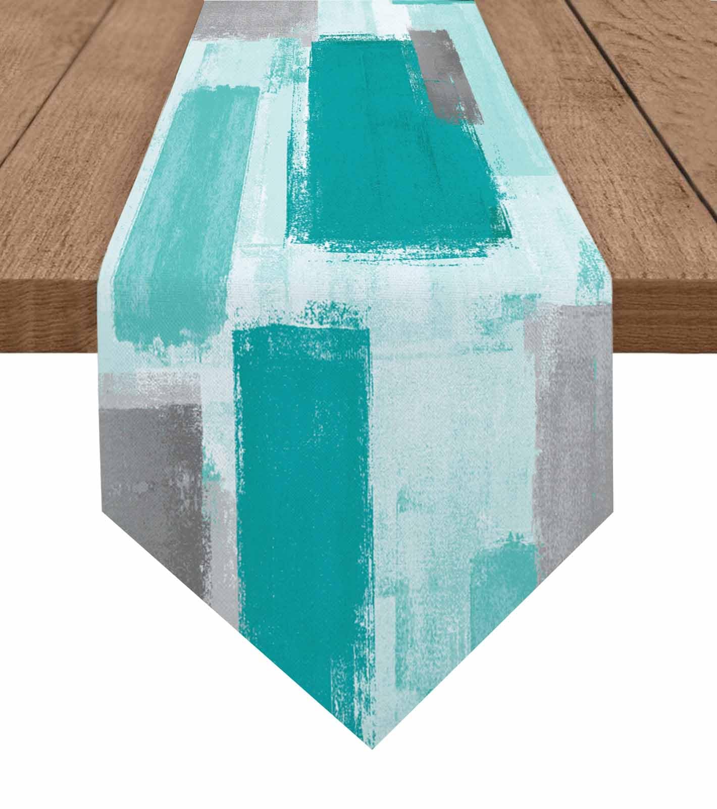Farmhouse Style Teal Grey Burlap Table Runner - 13x70 Inch Abstract Art Painting Kitchen Dining Table Decor for Family Gatherings & Holiday Parties