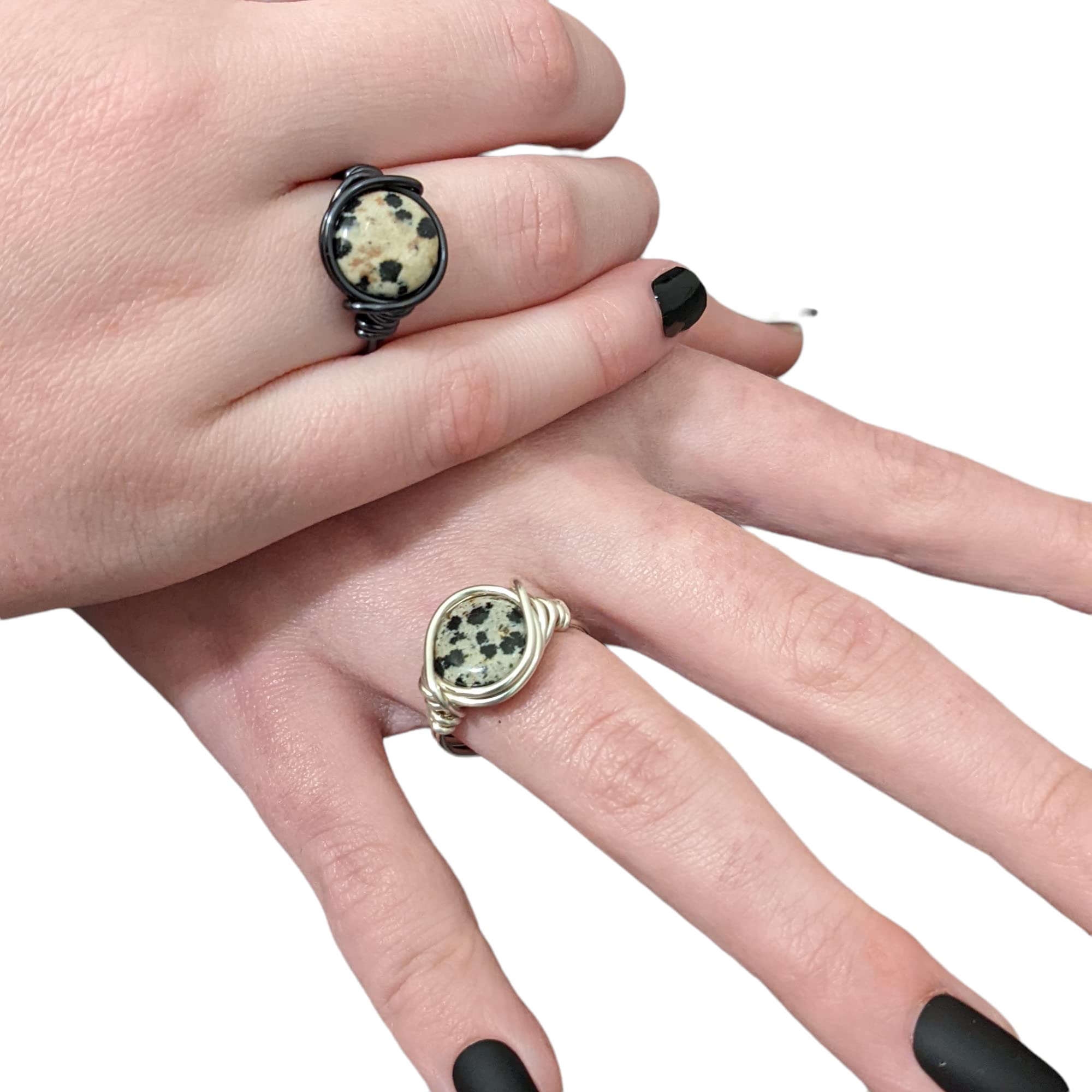 Dalmatian Jasper Ring - Cow Print Jewelry for Women, Silver Plated Wire Wrapped Spotted Rings, Boho Cowgirl Fashion Accessories (Size 6) - Perfect for Western Outfits, Music Festivals & Everyday Wear