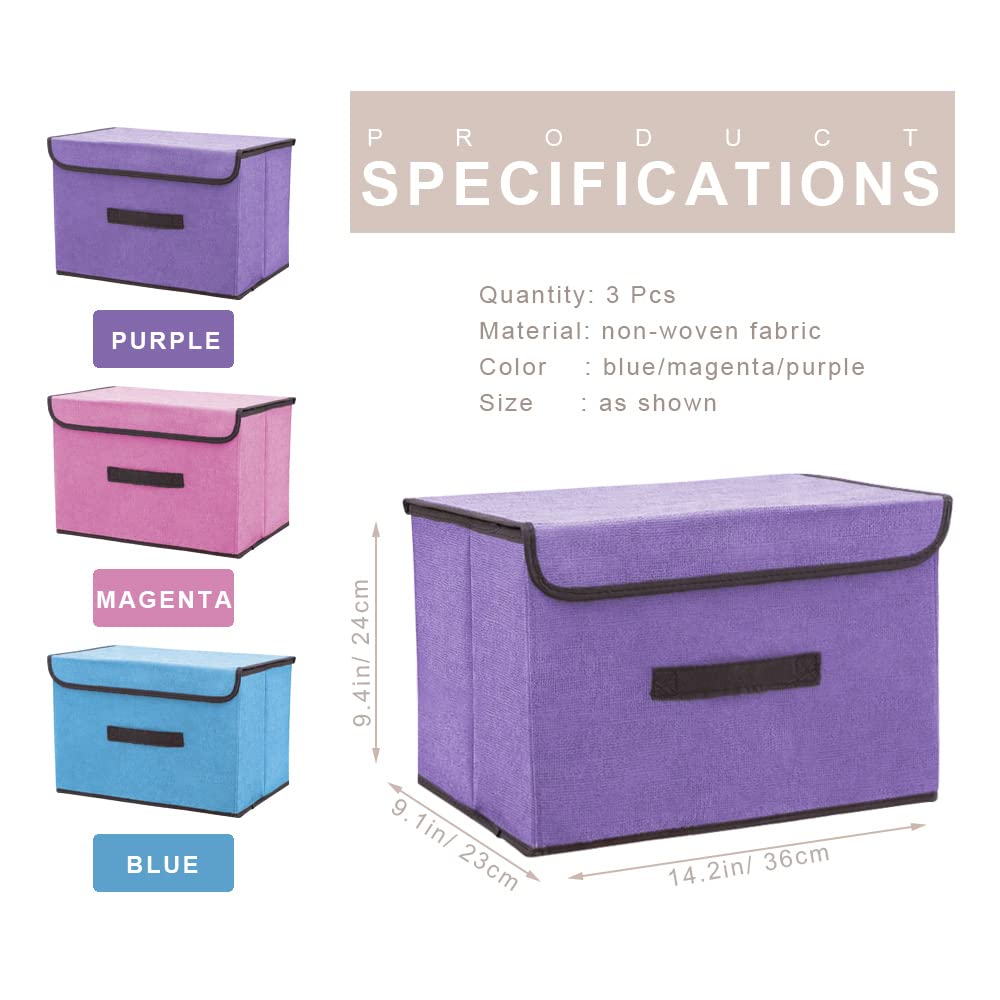 3-Pack Foldable Fabric Storage Bins with Lids - Collapsible Storage Cubes & Organizer Boxes for Closet, Shelf & Home Organization (Purple, Pink, Blue) - Perfect for Toys, Books, Clothes & Office Supplies