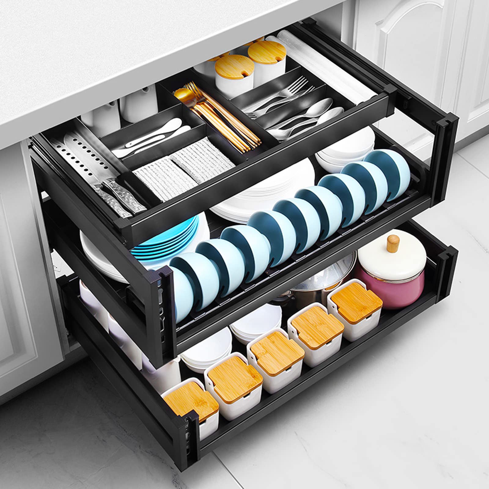 WEEDAY 2-Pack Pull Out Basket Organizer - Slide Out Cabinet Shelves for Kitchen Pantry, Bathroom & Cupboard Storage | Space Saving Solution for Easy Access to Spices, Canned Goods & Toiletries