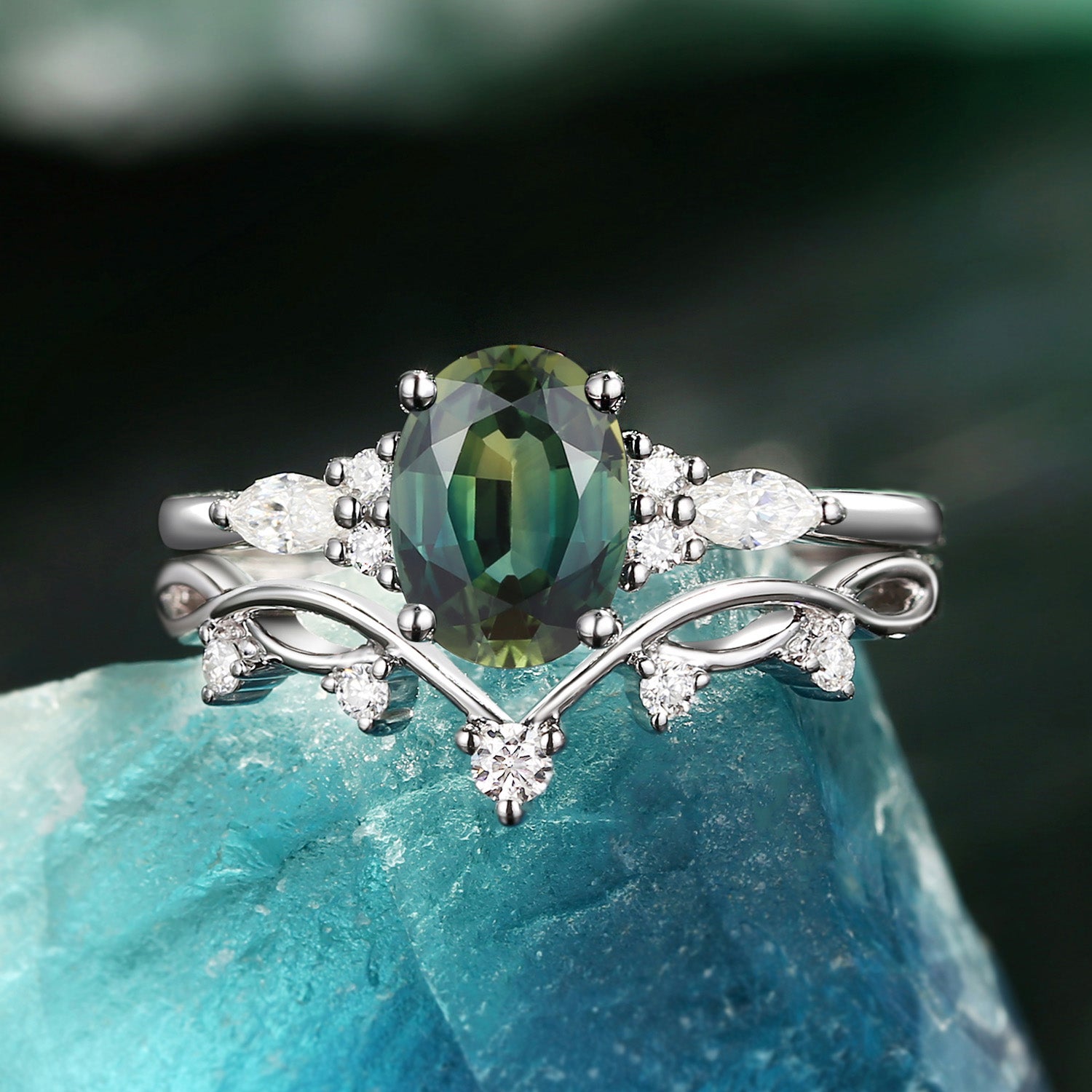 1.5 Carat Oval Green Sapphire Leaf Ring Set - 2 Piece Sterling Silver Jewelry for Women - Perfect for Weddings, Anniversaries & Special Occasions