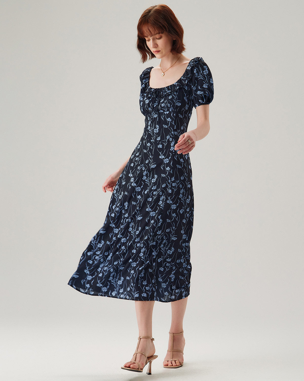 Navy Floral U Neck Puffed Sleeve Maxi Dress for Women - Elegant Summer Beach Wedding Party Dress with Flowy Fit & Comfortable Fabric