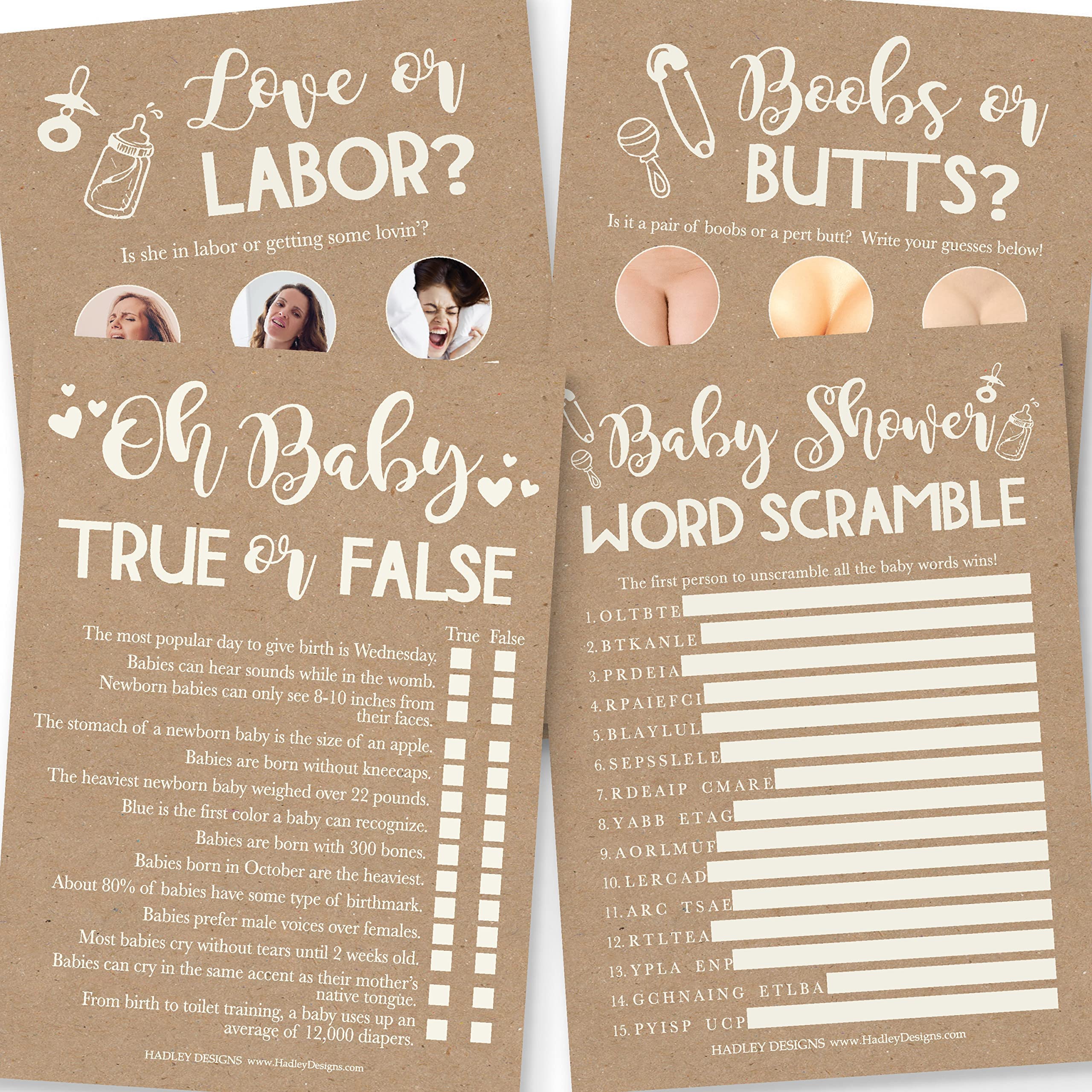 Hadley Designs - 25 Rustic Baby Shower Game Cards, Love or Labor & Word Scramble Fun - Double Sided Baby Shower Party Supplies for Gender Reveal, Coed Showers & Nursery Decor