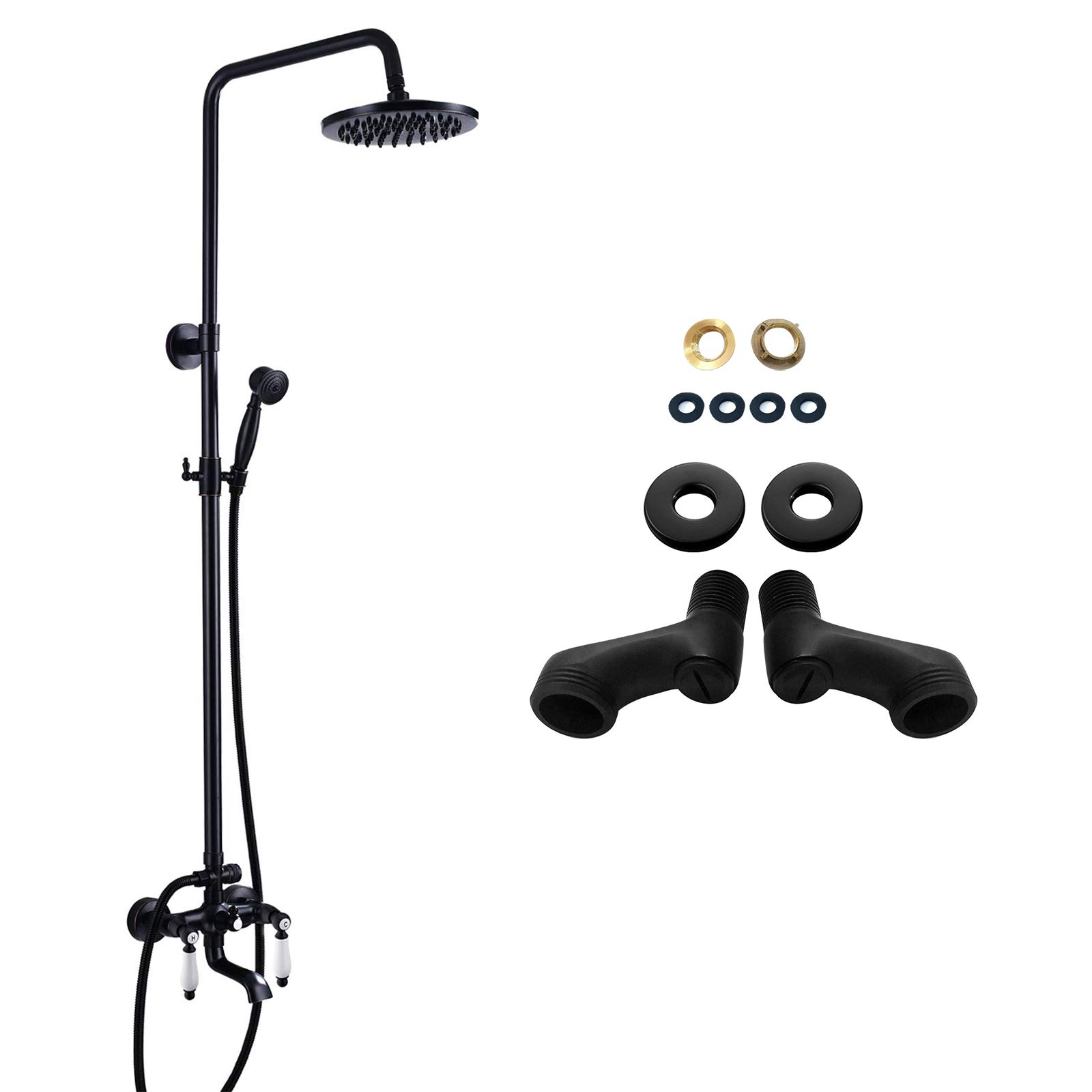 Luxury Oil Rubbed Bronze Shower Faucet with 8 Inch Round Rain Shower Head - Matte Black Clawfoot Tub Adapter (3-3/8 Inch) & Adjustable Swing Arms - Perfect for Vintage & Modern Bathroom Renovations