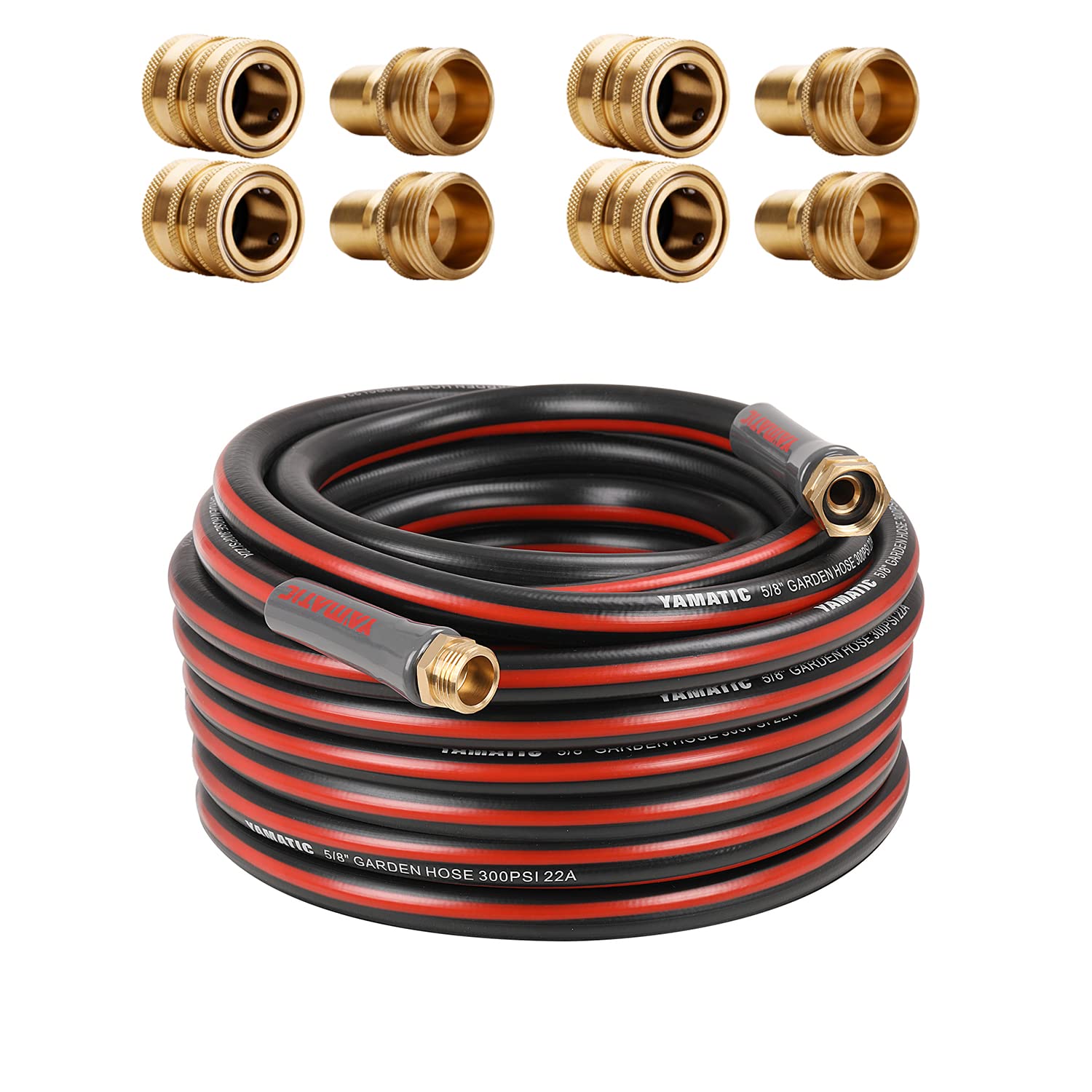 **YAMATIC 50 ft Heavy Duty 5/8 Inch Garden Hose with Solid Brass Quick Connect Set - Perfect for Watering Lawns, Washing Cars, and Outdoor Cleaning**
