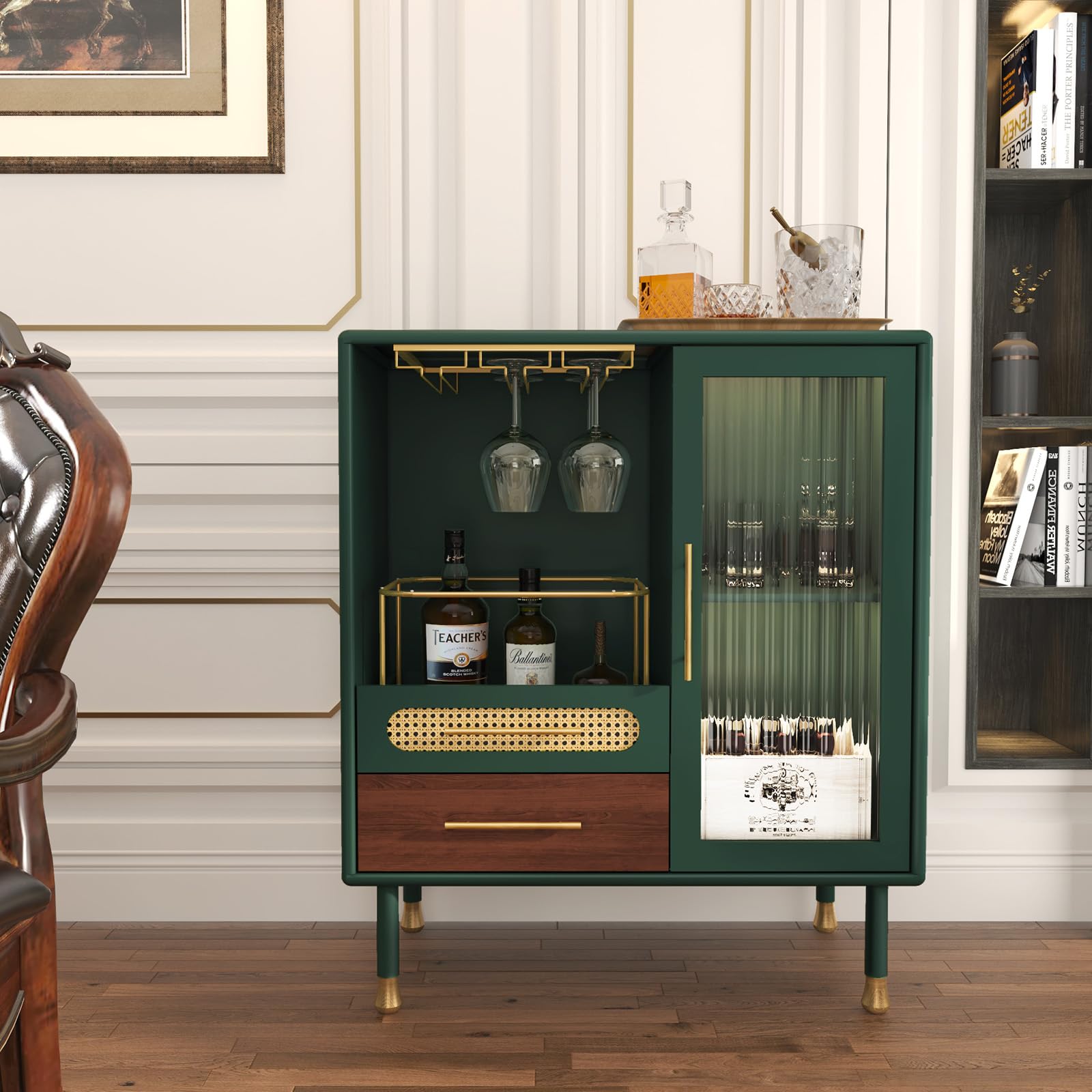 Modern Coffee Bar Cabinet with Wine Glass Rack & Storage Drawers - Green Kitchen Liquor Cabinet with Pull-Out Wine Rack for Dining Room, Living Room & Home Bar - Perfect for Entertaining Guests & Stylish Home Decor