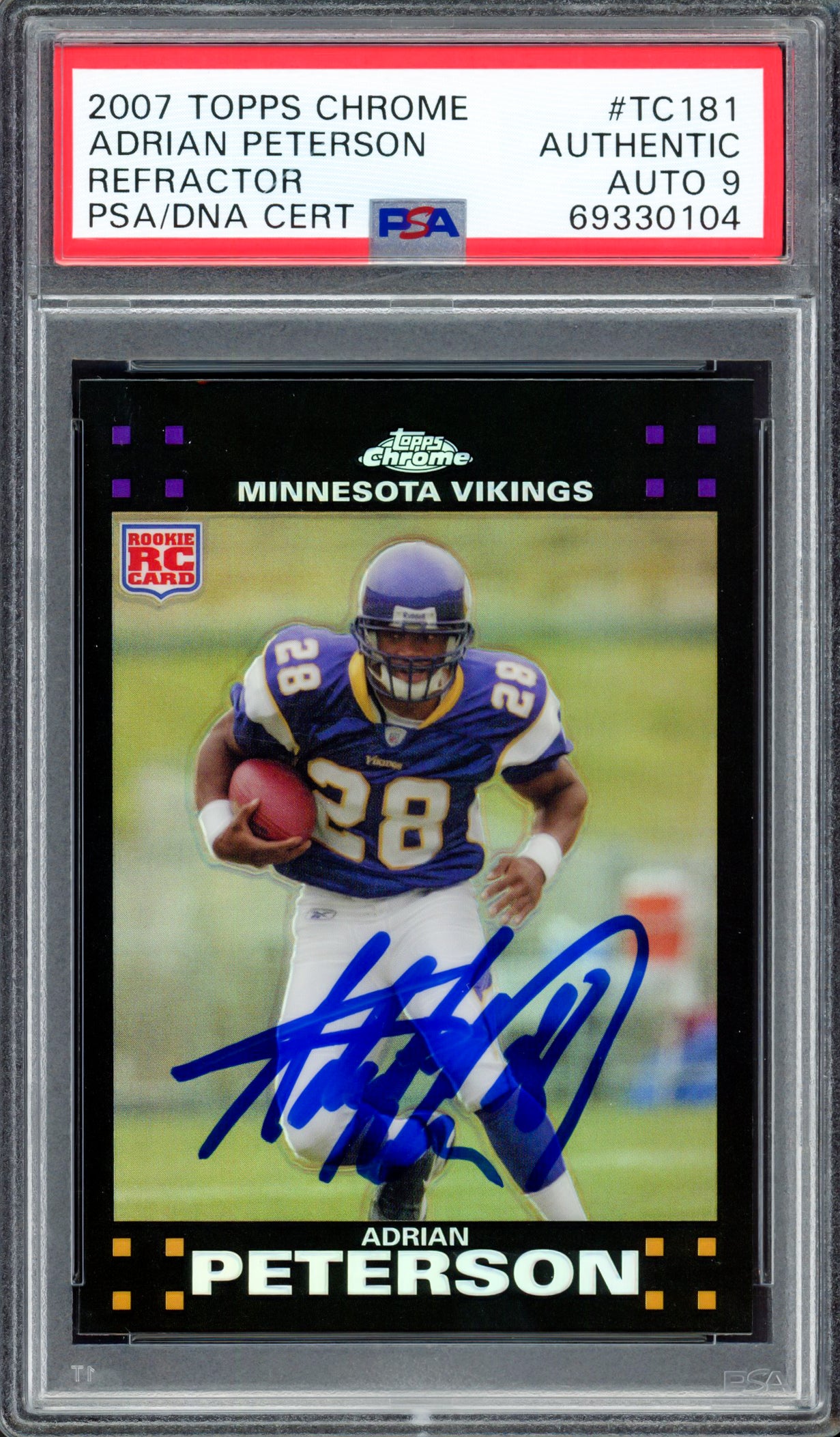Adrian Peterson Autographed 2007 Topps Chrome Refractor Rookie Card #TC181 Minnesota Vikings Auto PSA/DNA Certified Grade Mint 9 - Perfect for NFL Collectors, Sports Memorabilia Enthusiasts & Vikings Fans Display
