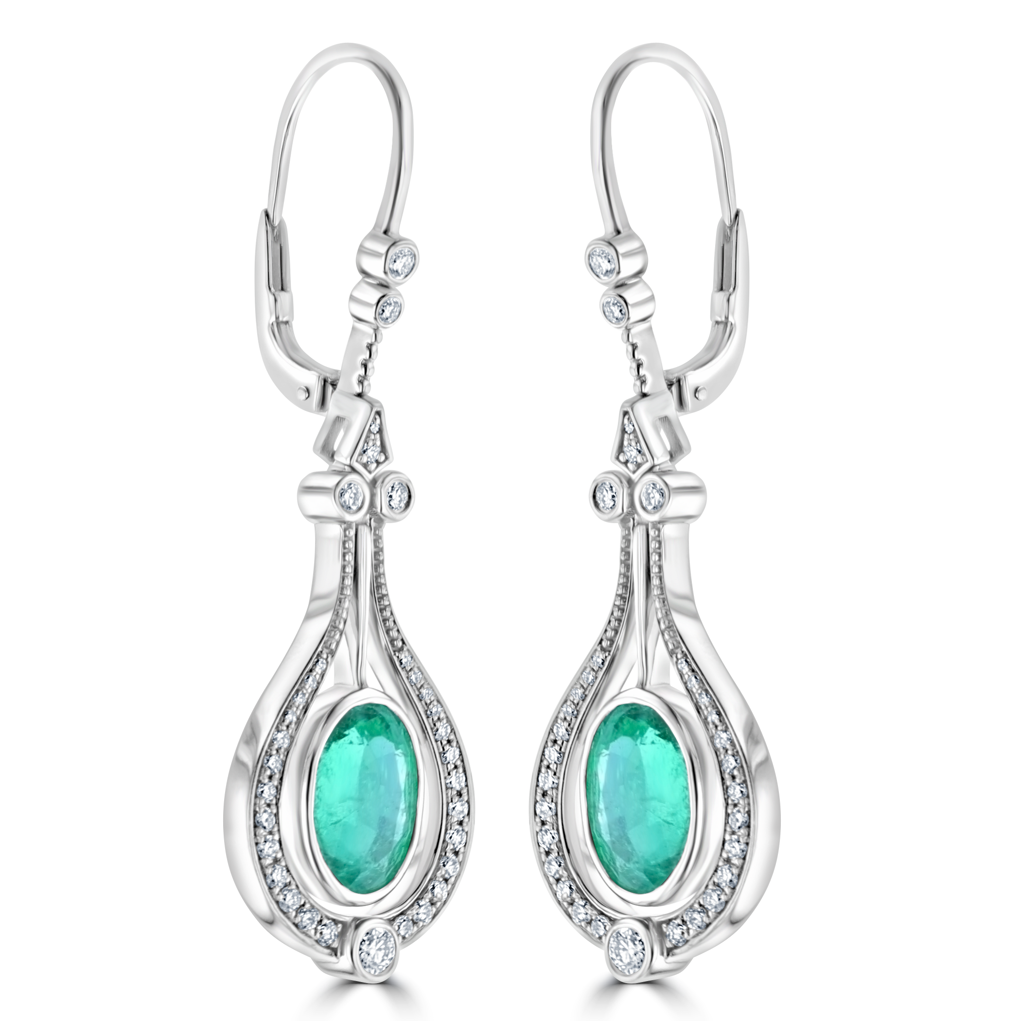 18KT White Gold 5.23 CTW Emerald & 0.61 CTW Diamond Halo Drop Earrings for Women - Elegant Dangling Jewelry for Weddings, Parties & Special Occasions