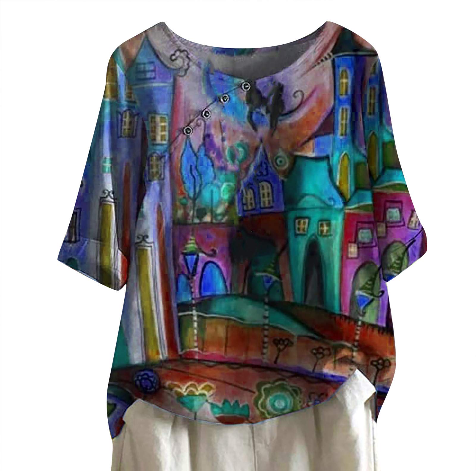 Women's Floral Linen Blouse - Summer Casual Short Sleeve Tunic Top with Buttons & Loose Fit | Perfect for Beach Outings, Brunch Dates & Office Wear