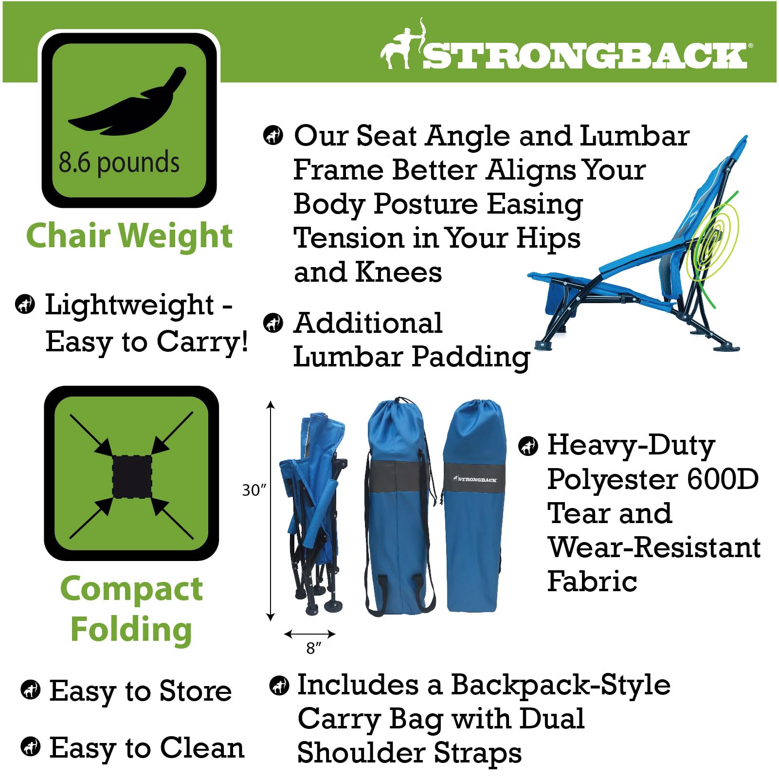 STRONGBACK Low Gravity Beach Chair with Built-in Lumbar Support - Heavy Duty Portable Folding Chair for Adults - Blue - Perfect for Beach, Camping, Backyard & Outdoor Relaxation