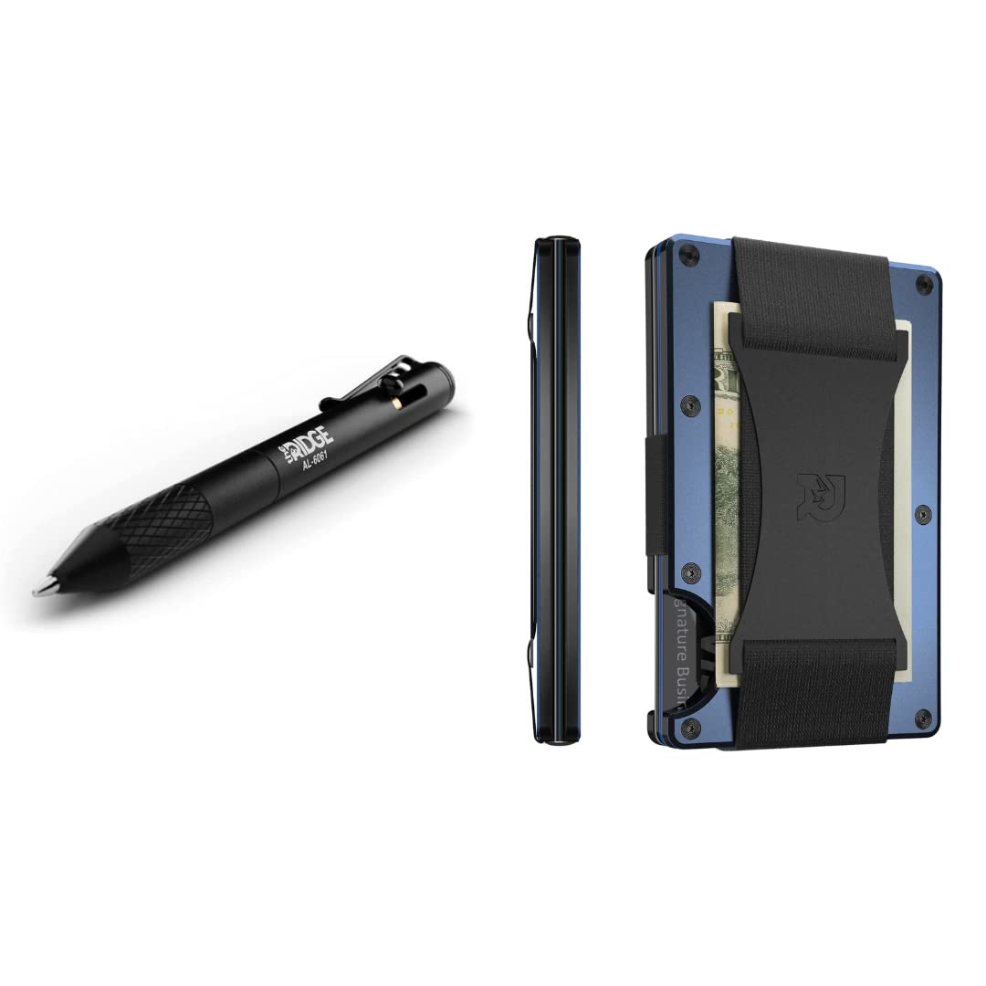 The Ridge Minimalist Slim Wallet for Men with Cash Strap - Navy Blue RFID Blocking Wallet & Bolt Action Ballpoint Pen with Textured Grip - Aluminum Refillable Pen for Everyday Carry (EDC), Office, Travel & Gifts