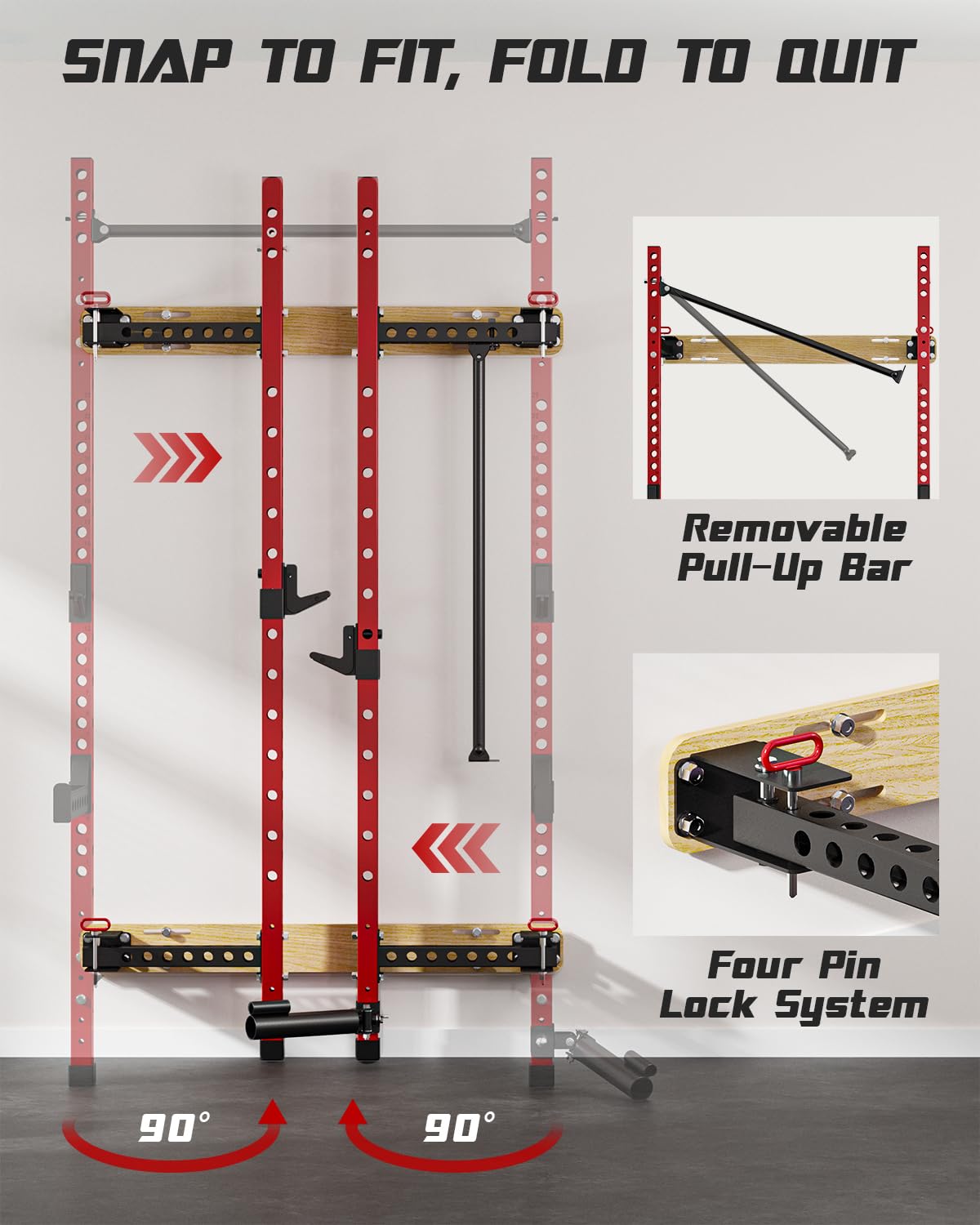 Foldable Wall Mounted Squat Rack - 1100 LBS Capacity Power Rack with Pull Up Bar, J Hooks, Landmine & Spotter Arms | Multi-Functional Home Gym Equipment for Strength Training | Space Saving Design for Small Home Workouts | Perfect for CrossFit, Weightlifting & Full-Body Exercises