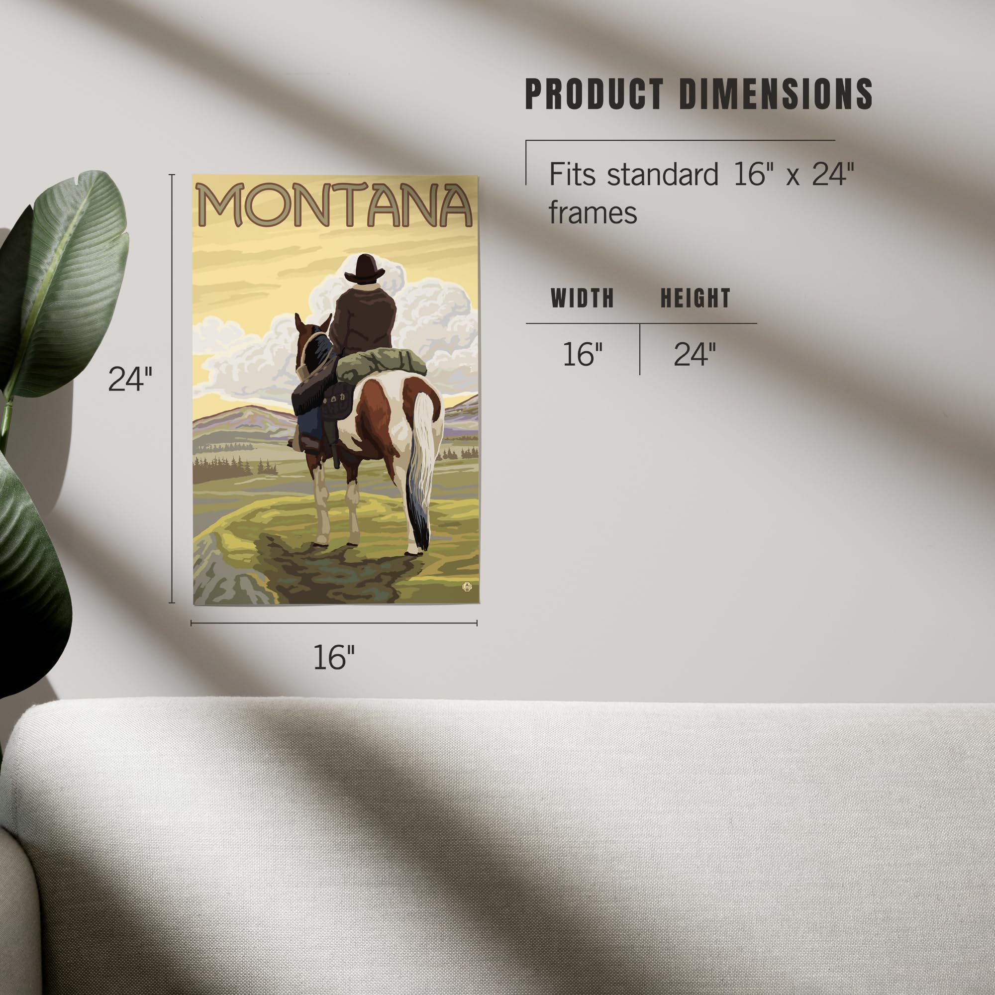 Lantern Press 16x24 Inch Giclee Art Print - Montana Landscape with Cowboy & Horse - Western Wall Decor for Living Room, Office & Cabin