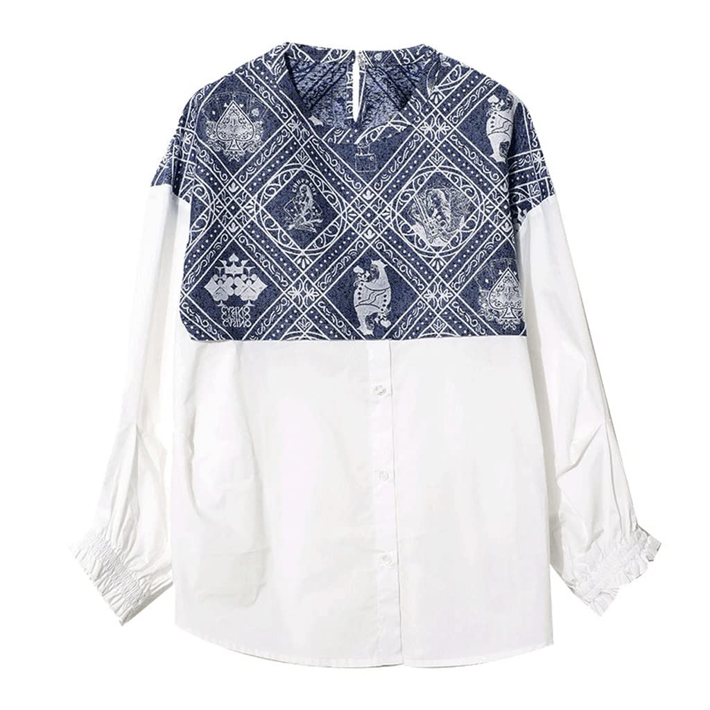 Vintage Korean Patchwork Print Long Sleeve Blouse for Women - Loose Fit Elegant Casual Top for Spring & Summer | Perfect for Boho Outfits, Office Wear & Date Nights (Color: A, Size: XXX-Large)