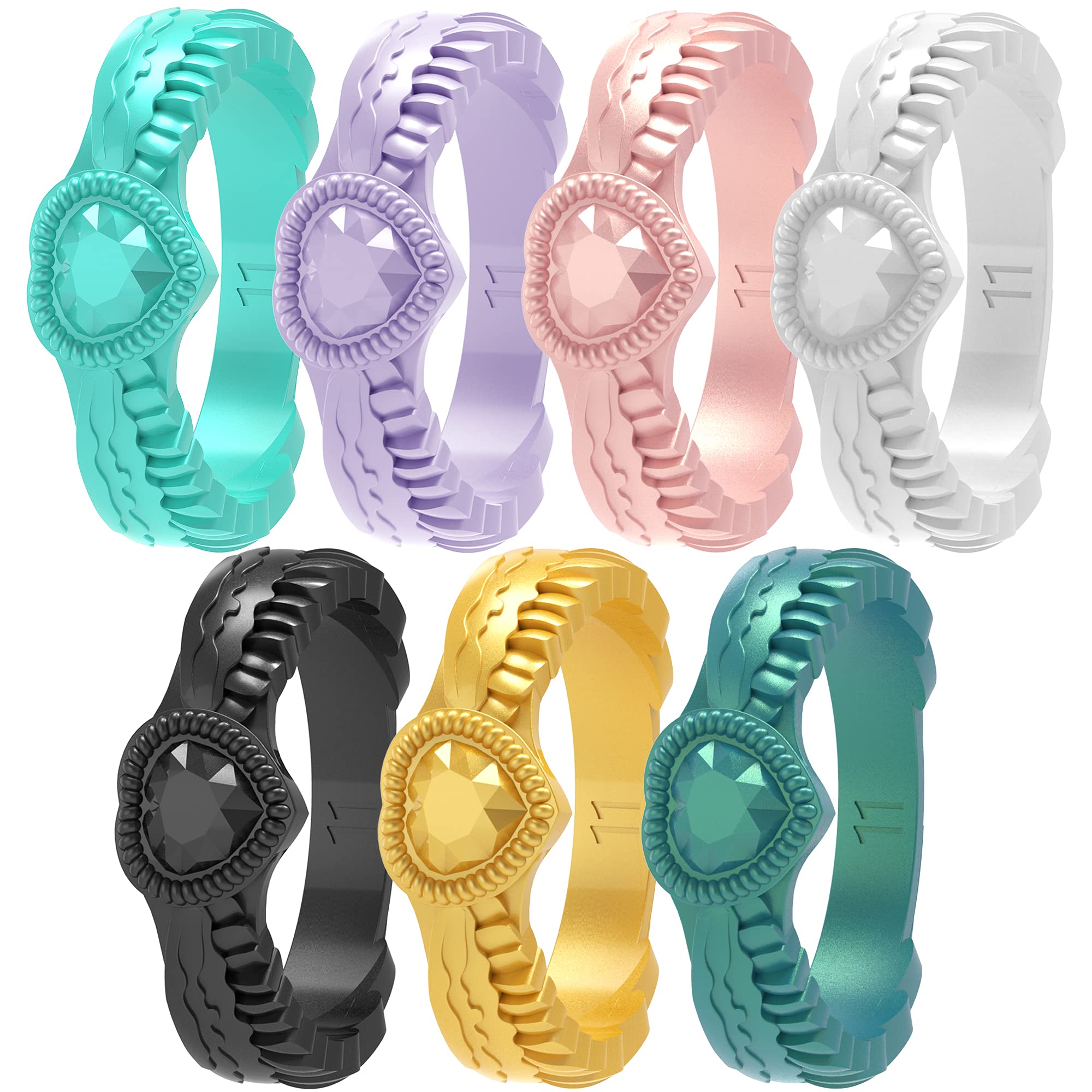 Zollen 4/7 Pack Stackable Silicone Wedding Rings for Women - Heart Shaped Diamond & Wings Design Rubber Bands | Comfortable & Durable for Daily Wear, Gym, Swimming & Outdoor Activities