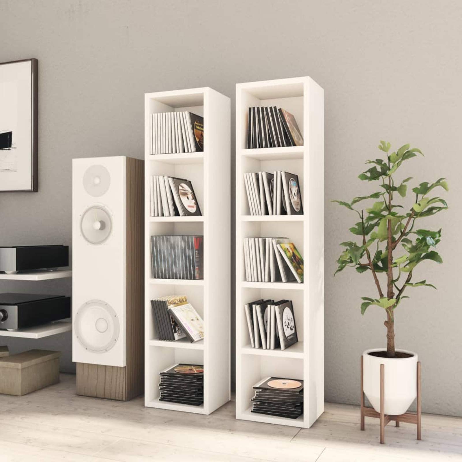 Bounv 2-Piece White CD/DVD Storage Cabinet - 21 x 16 x 93.5 cm Compact Media Organizer for Living Room, Office & Home Theater | CD/DVD Shelf Unit with Adjustable Shelves