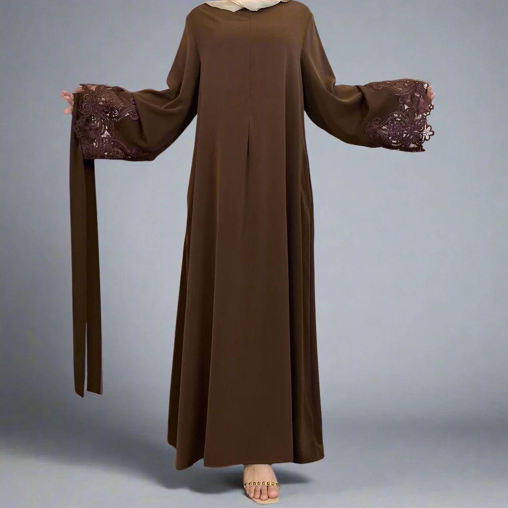 Elegant Muslim Women's Lace Sleeve Nida Abaya Dress - Modest Islamic Prayer Dress for Mosque & Special Occasions