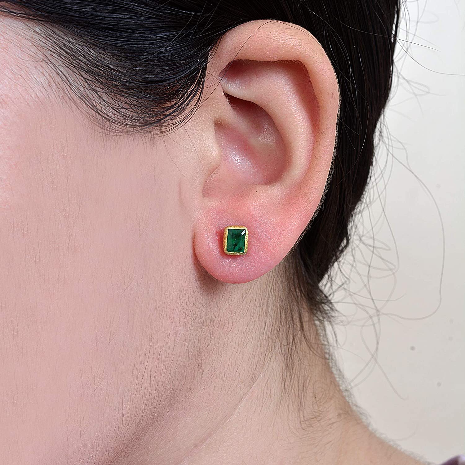 14K Gold Textured Emerald Stud Earrings with Bezel Setting | 0.96 Carat Octagon Cut Genuine Emerald Push Back Earrings | Fine Jewelry for Women | Perfect Gift for Birthday, Anniversary & Special Occasions