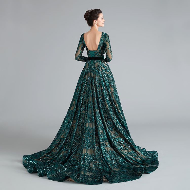 Elegant Long Sleeve Green Lace Prom Dress with Open Back - Perfect for Homecoming, Formal Dances & Special Occasions