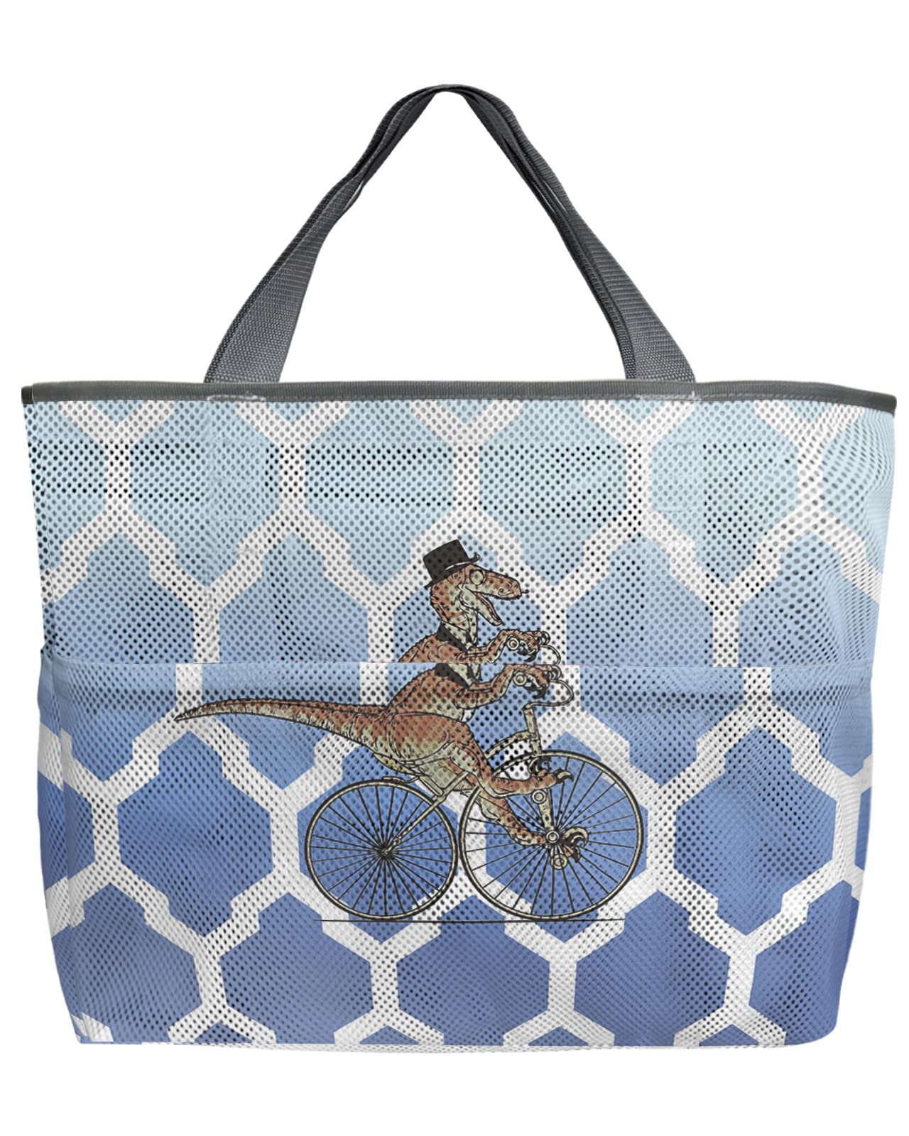 Dinosaur Ride Bike Mesh Beach Tote Bag - 60L Oversized Ombre Blue Quick Dry Swim Bag with Pockets | Foldable Moroccan Style Grocery & Toy Storage Net Bag (24x16x9 inches) | Perfect for Beach, Pool, Shopping & Travel