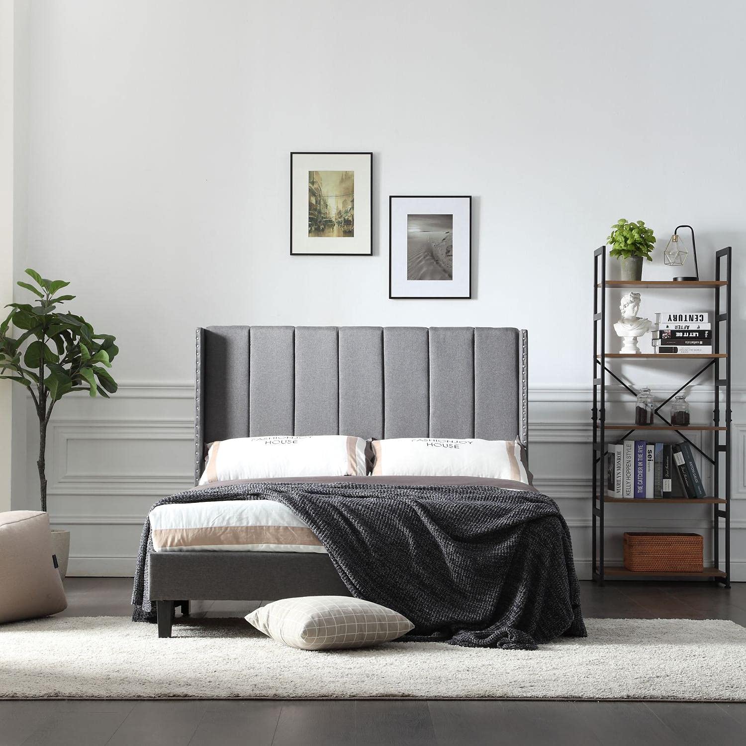 Modern Upholstered Full Size Bed Frame with Headboard - Wood Slat Support Faux Leather Platform Bed - No Box Spring Needed - Easy Assembly (Grey) - Perfect for Guest Rooms, Dorms & Small Apartments