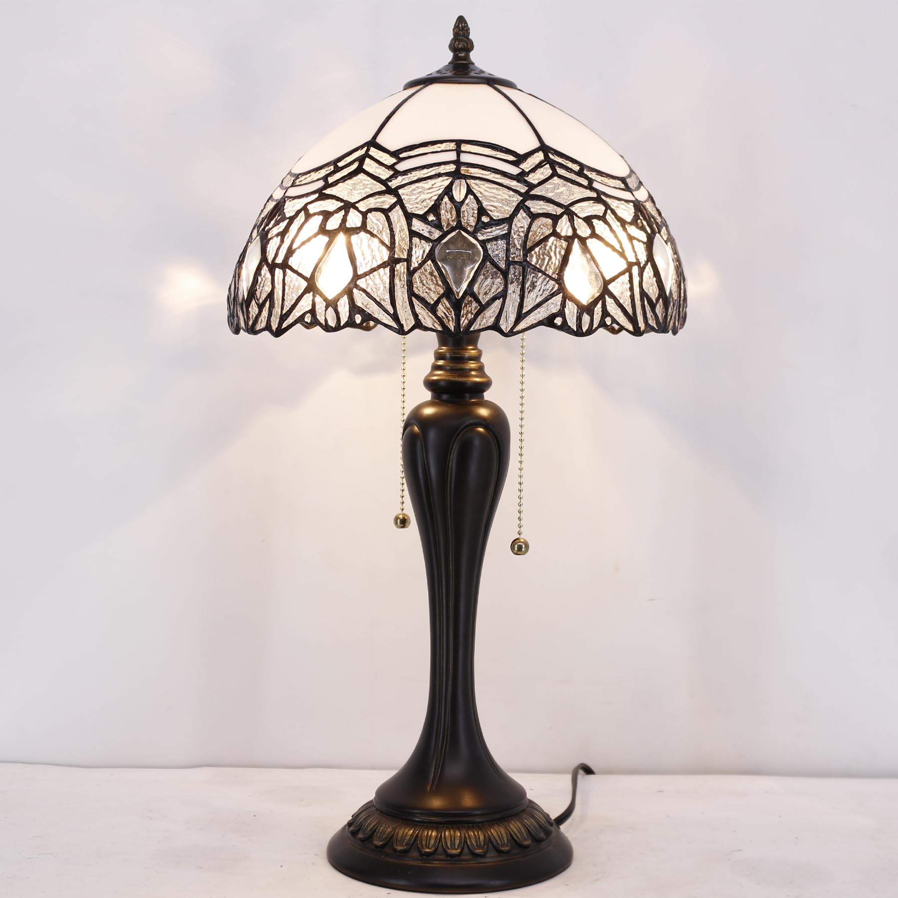 WERFACTORY Tiffany Lamp - White Bent Stained Glass Crystal Table Lamp with 12X12X22 Inches for Bedside, Desk & Reading | Elegant Home Decor for Bedroom, Living Room & Office (S508W Series)
