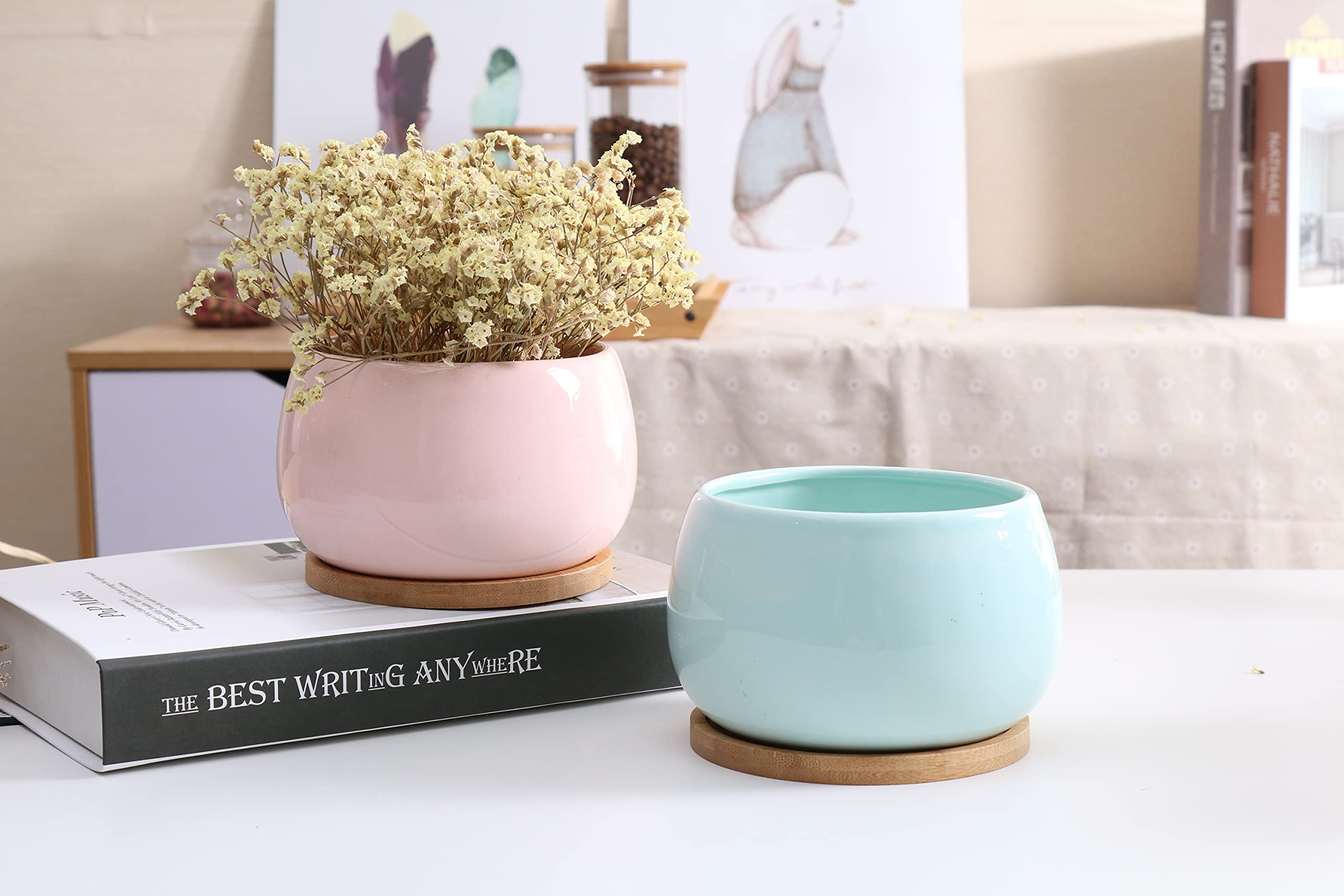 Jusalpha 5 Inch Ceramic Succulent Planter with Drainage Hole & Bamboo Saucer - Large Cactus Flower Pot for Indoor Plants, Home Office Decor (Blue) | Perfect for Succulents, Cacti, Herbs & Small Houseplants