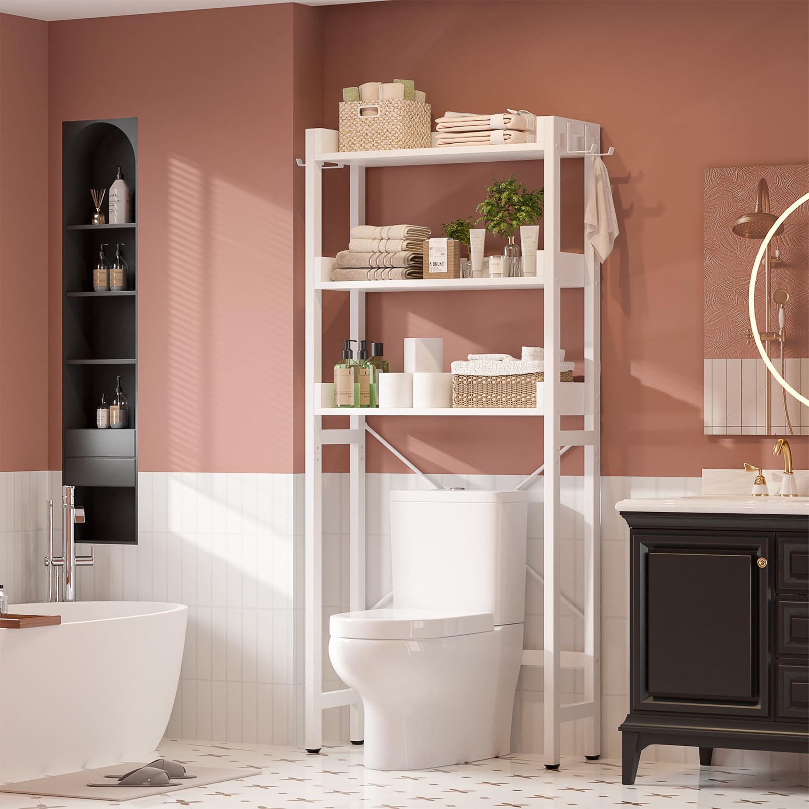 EcoPrsio 3-Tier Over The Toilet Storage Shelf - Freestanding Bathroom Organizer with 4 Hooks, White Space Saver - Perfect for Small Bathrooms, Apartments & Dorm Rooms