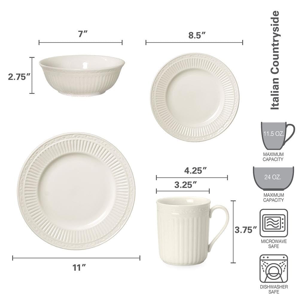 Mikasa Italian Countryside 16-Piece Dinnerware Set - Classic White Porcelain with Fluted Bands, Service for 4 - Dinner Plates, Salad Plates, Bowls & Mugs - Microwave & Dishwasher Safe - Perfect for Family Dinners, Entertaining Guests & Everyday Use