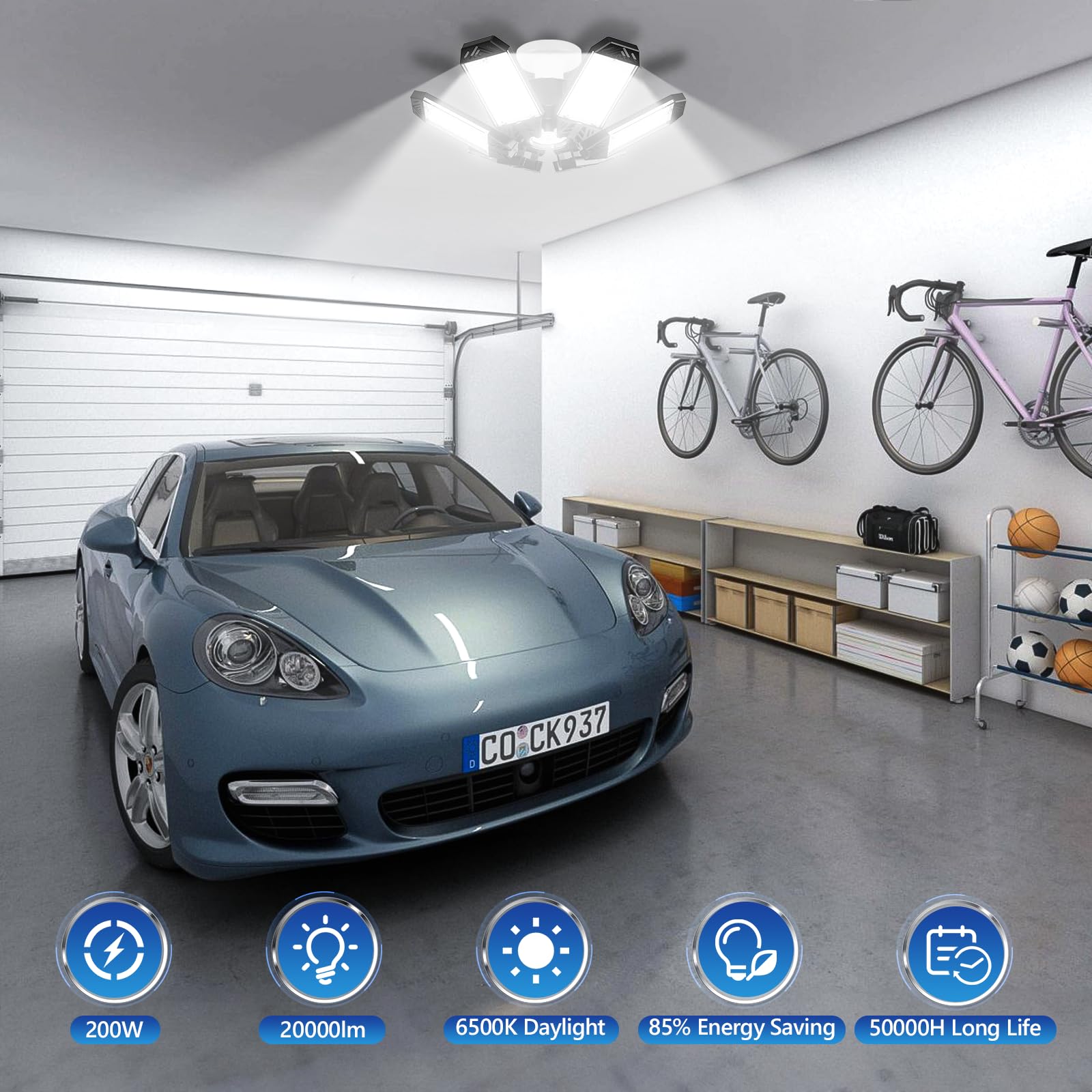4 Pack 200W 20000LM 6500K LED Garage Lights - Adjustable Panel Screw-in E26/E27 Bulb Socket, Super Bright LED Shop Lights for Garage, Workshop, Basement & Warehouse Lighting - Perfect for DIY Projects, Auto Repair & Heavy-Duty Workspaces