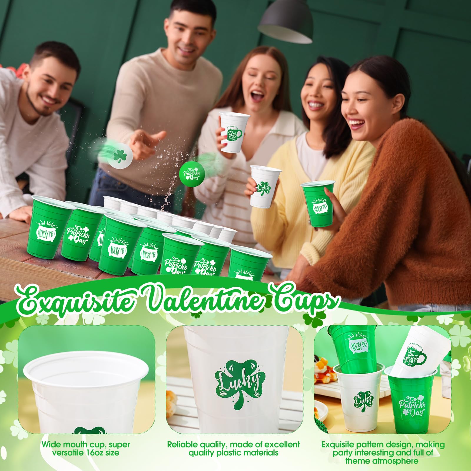 60 Pcs 16oz St. Patrick's Day Plastic Cups - Green & White Shamrock Disposable Party Cups with Lucky Clover Design for Beer, Beverages & Celebrations - Perfect for St. Patty's Day Parties, Irish-Themed Events & Home Decorations