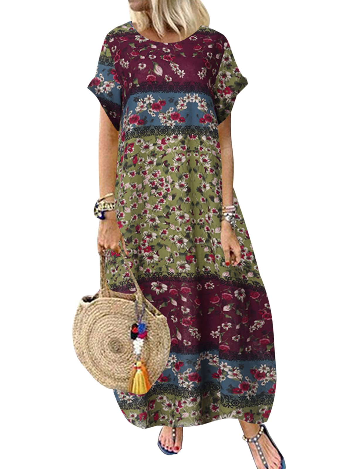 ZANZEA Women's Floral Print Vintage Maxi Dress - Short Sleeve Loose Fit O-Neck Kaftan with Pockets - Green Large Size - Perfect for Summer Beach, Vacation & Casual Outings