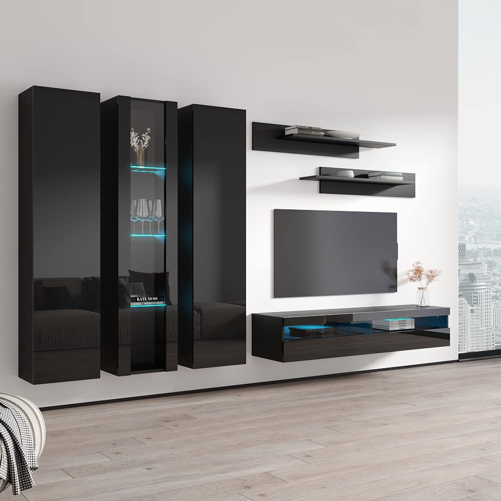 Modern Wall-Mounted TV Stand with Storage Shelves & LED Lights - 35