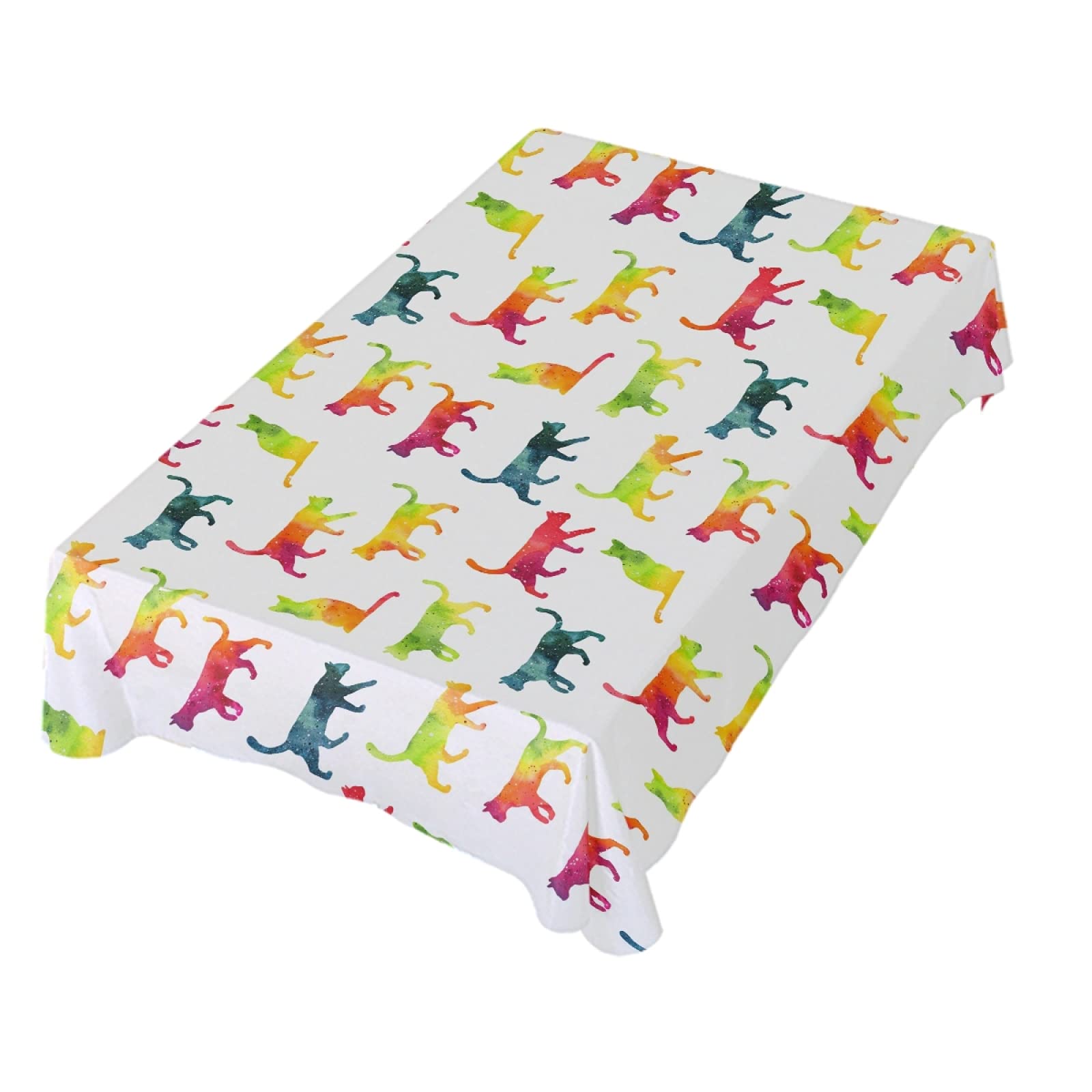 Colorful Rainbow Watercat Polyester Tablecloth 54x72 Inch - Watercolor Cat Design Rectangle Table Cover for Party, Dinner & Home Decor - Perfect for Birthday Celebrations, Holiday Gatherings & Indoor Events