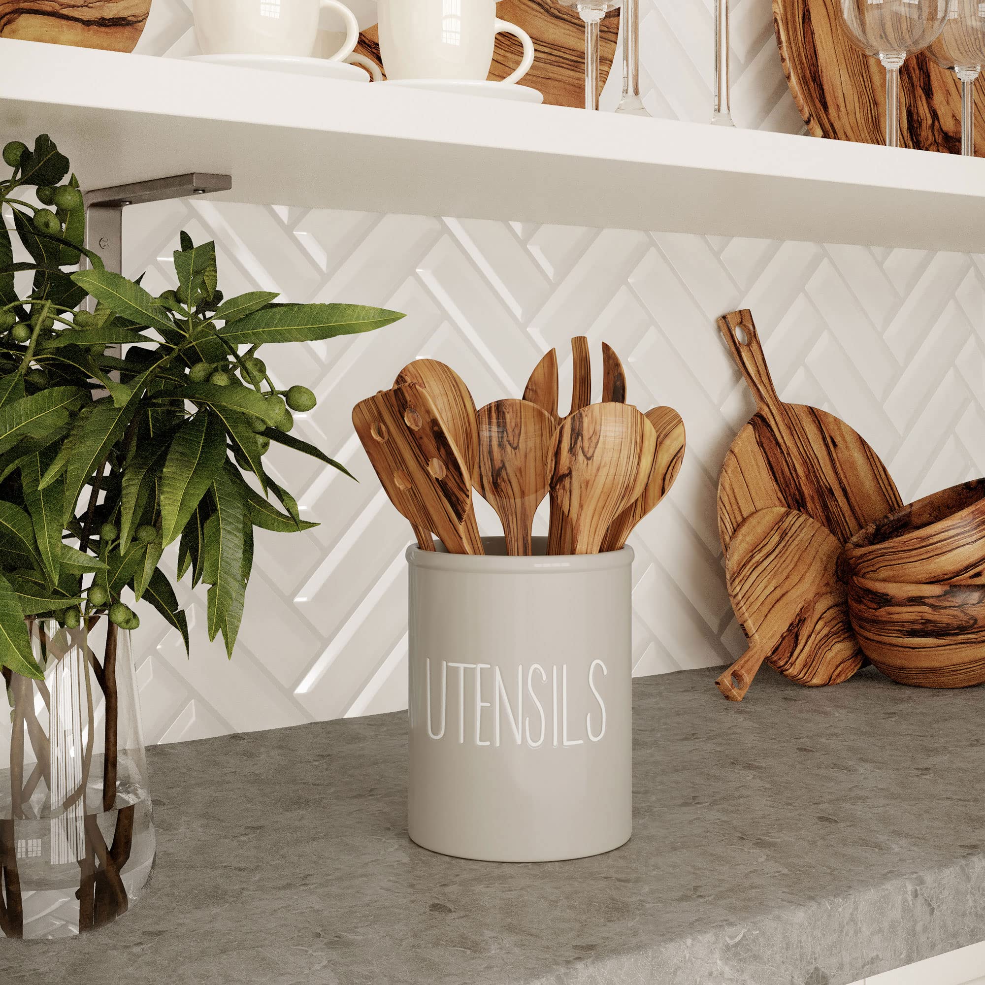 Farmhouse Ceramic Utensil Holder for Kitchen Countertop - Large 7