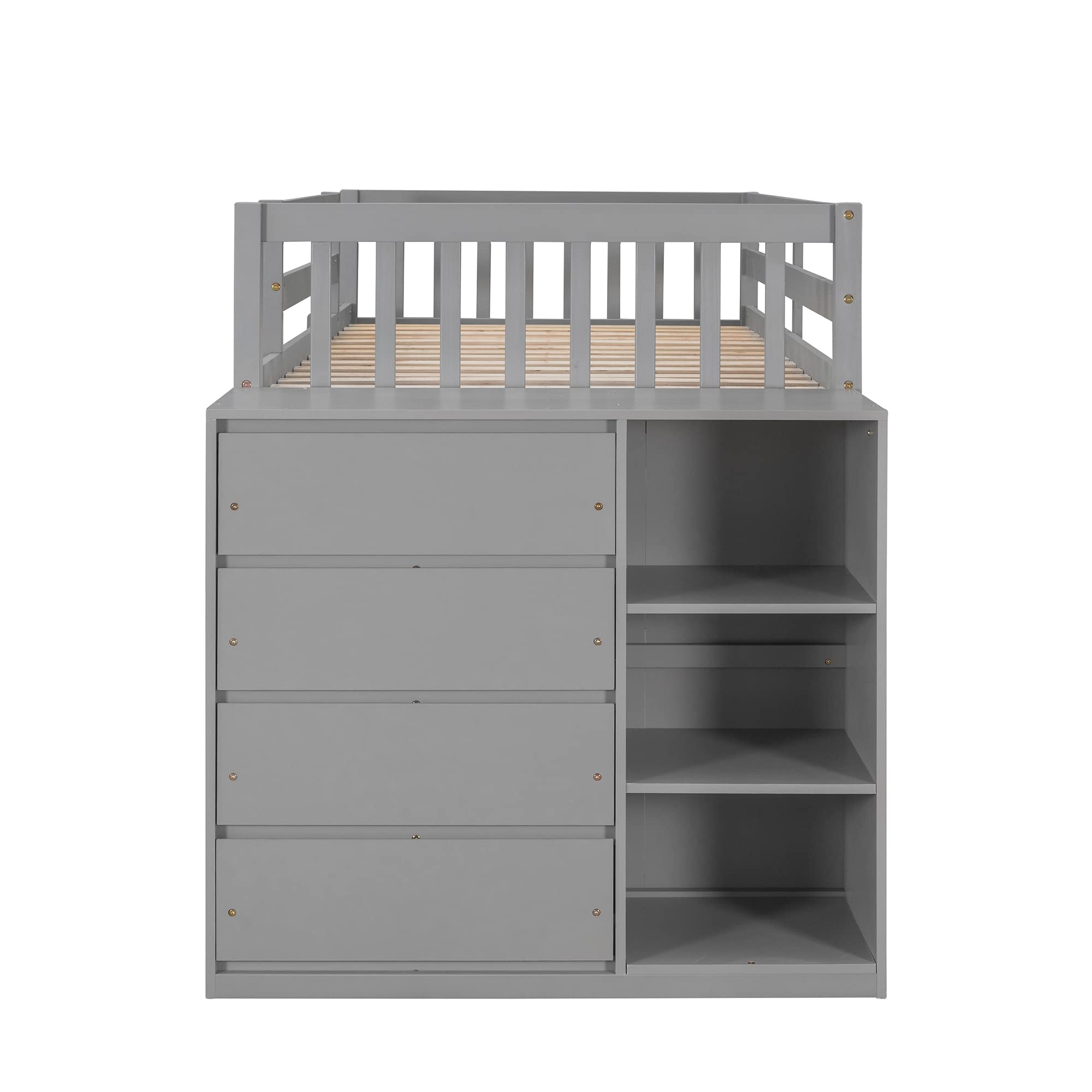 MERITLINE Twin Over Twin Bunk Bed with Storage Drawers & Shelves, Solid Wood Low Loft Bed Frame for Kids - Boys & Girls Bedroom Furniture (Gray) - Perfect for Small Spaces, Shared Rooms & Sleepovers